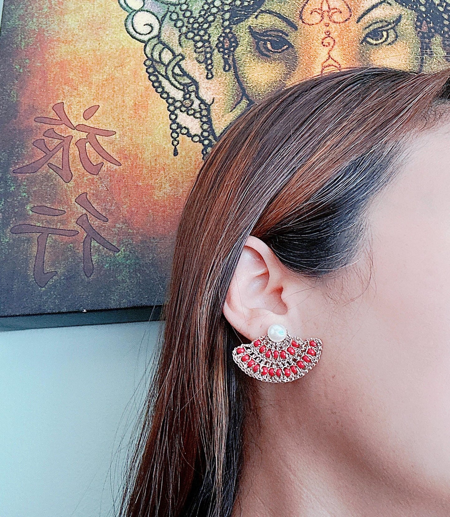 Crochet with Metallic Embroidery Thread and Red color glass beads ,freshwater pearls studs with 925 sterling silver Earrings