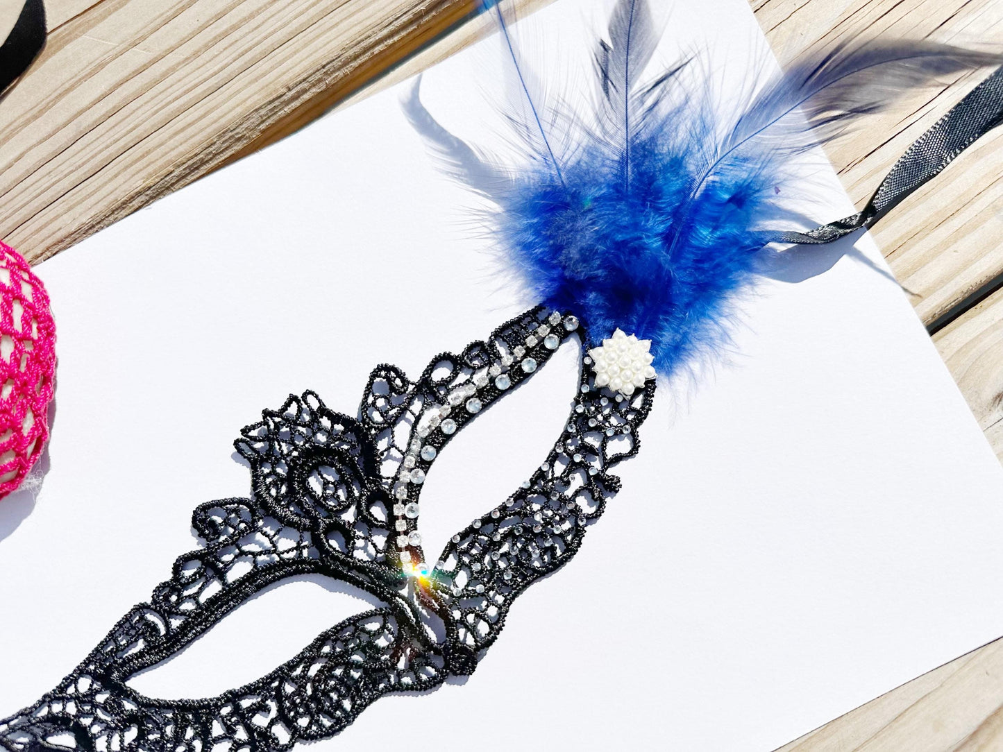 Black soft Lace Mask, Embroidery Mask, Black Mask, Party Mask, Wedding Mask, Halloween Mask, with clear rhinestone and blue feather
