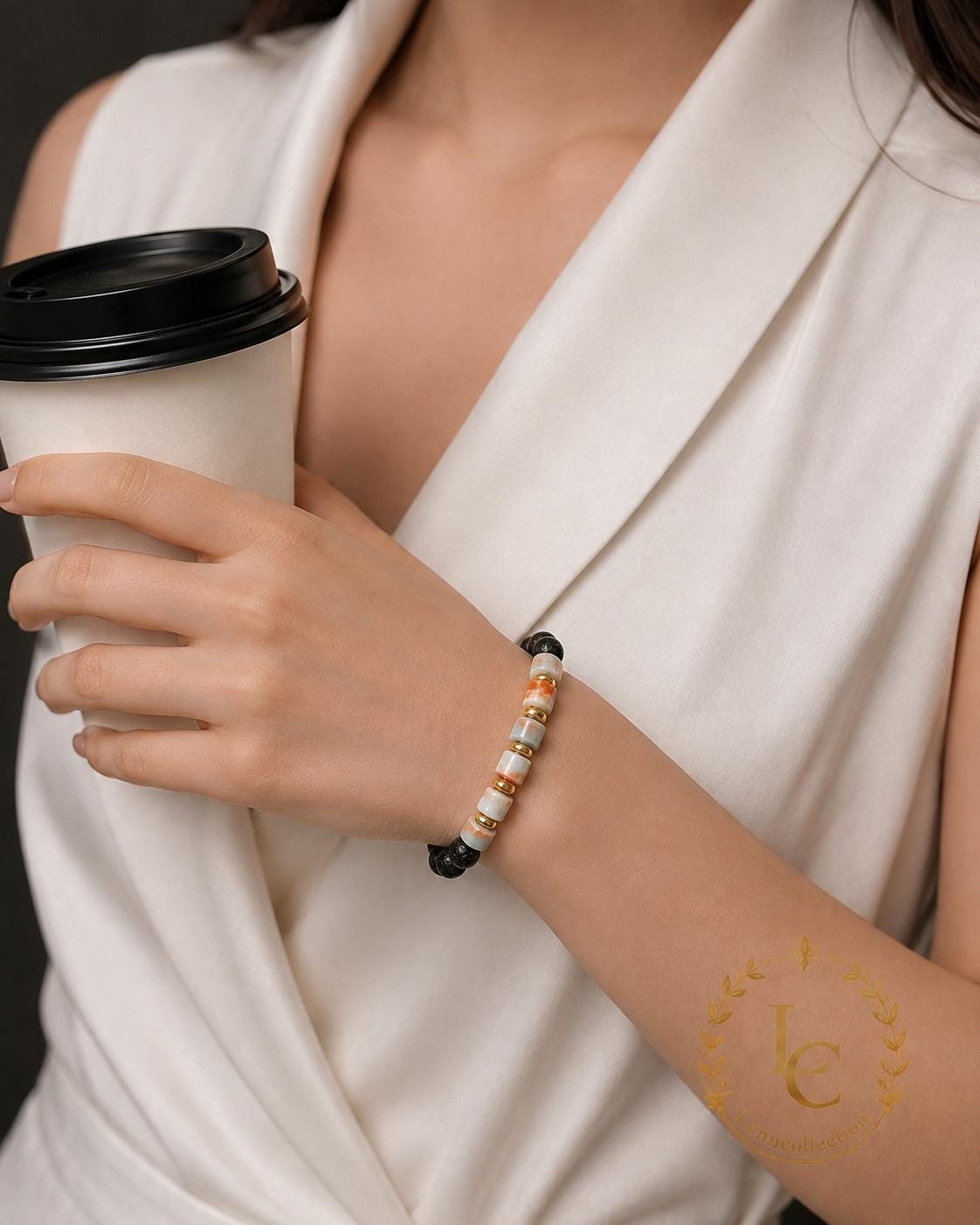 Lava Stone Beaded Bracelet for Men and Women – Synthetic Shousan Stone, Lava Stone , 14k gold plated space -Adjustable