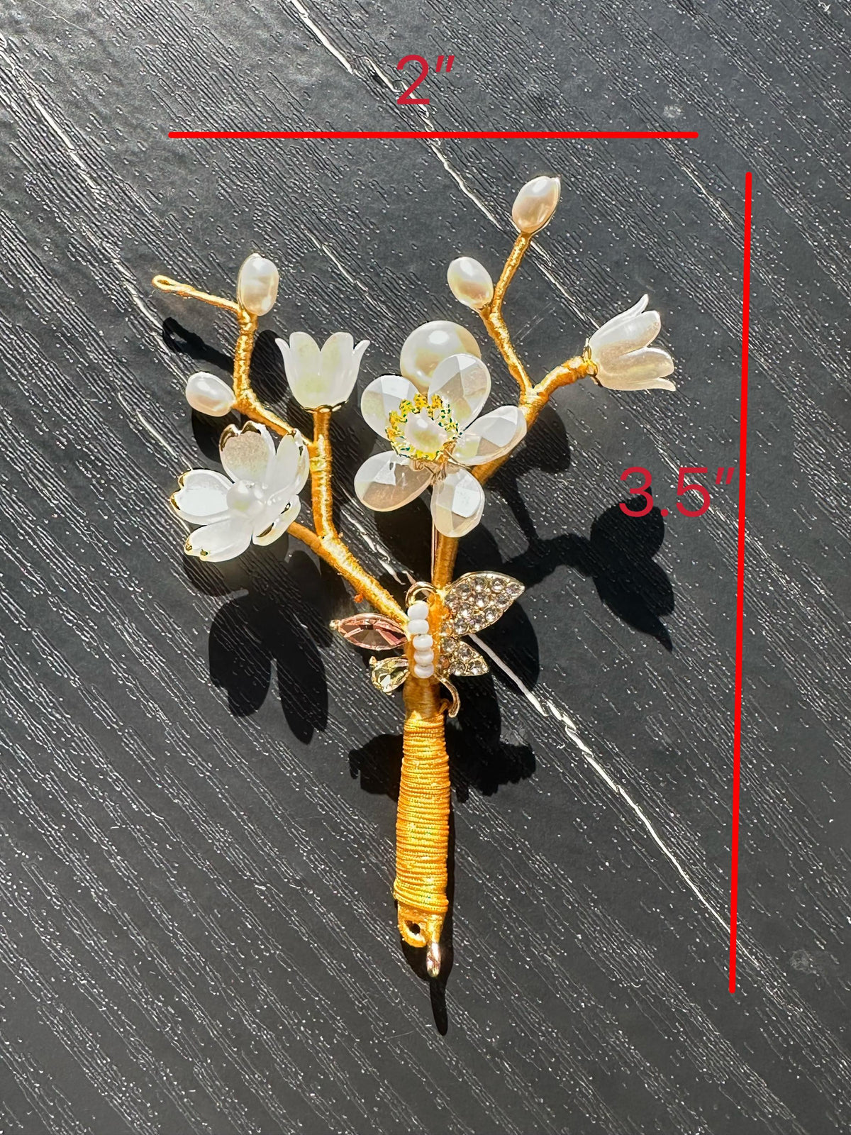 Handmade brooch, white color acrylic beads and freshwater pearls with gold color silk thread