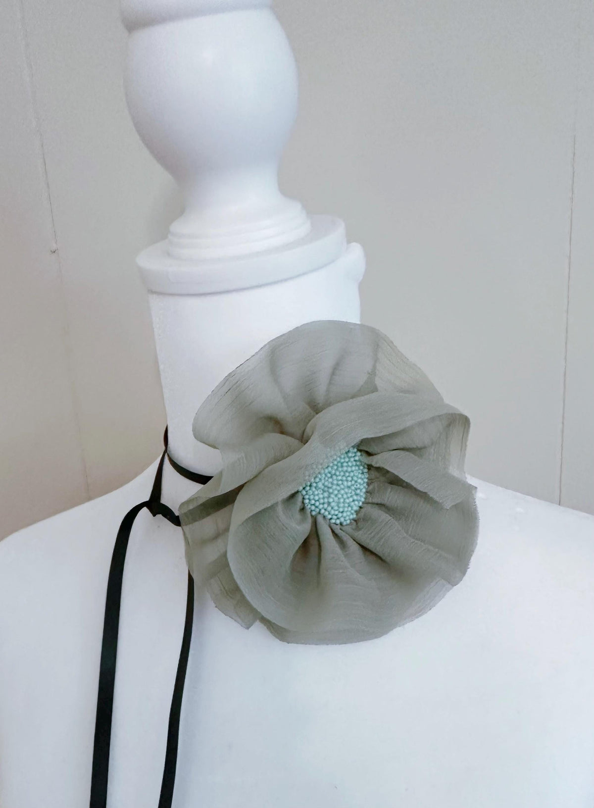 Handmade Peach Ribbon Flower Choker: Black Velvet Vintage Necklace