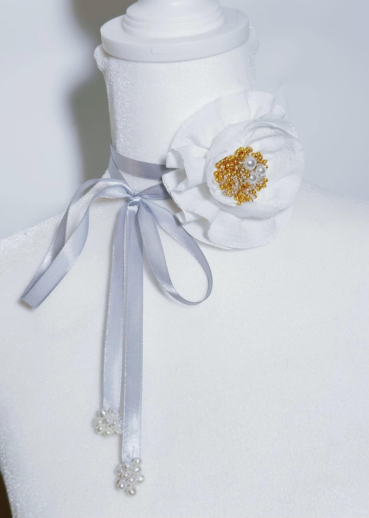 Handmade flower choker necklace with Peach color ribbon end with freshwater pearls