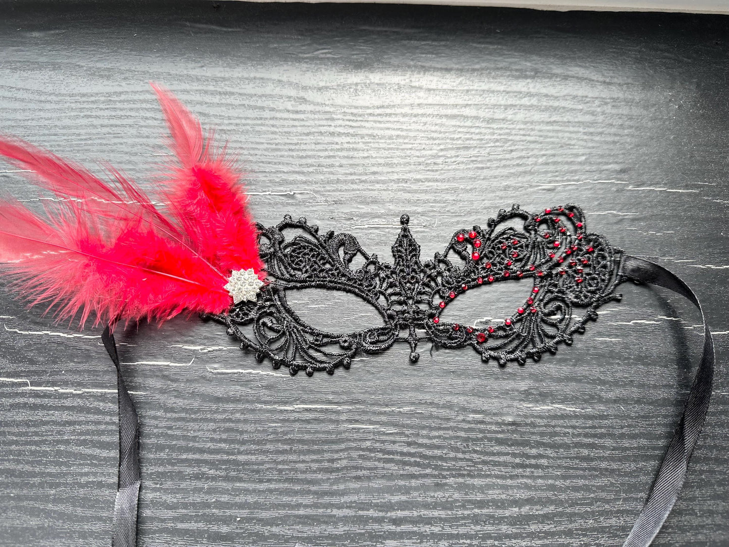 Black soft Lace Mask, Embroidery Mask, Black Mask, Party Mask, Wedding Mask, Halloween Mask, with red color rhinestone and Red feather