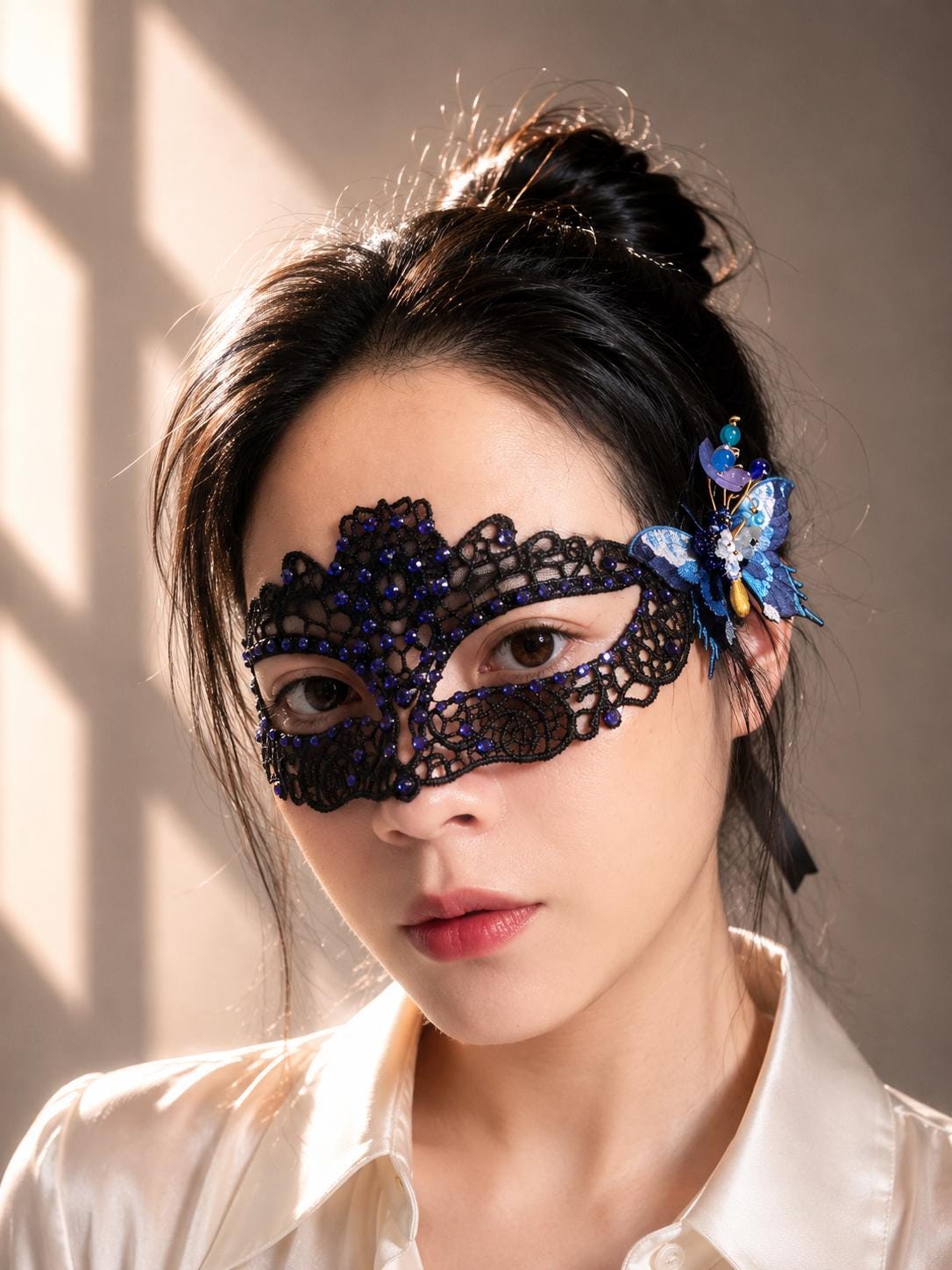 Navy Blue Butterfly Lace Masquerade Mask, Handmade Venetian Eye Mask with Rhinestones, Fairy Costume Mask for Halloween, Prom & Ball