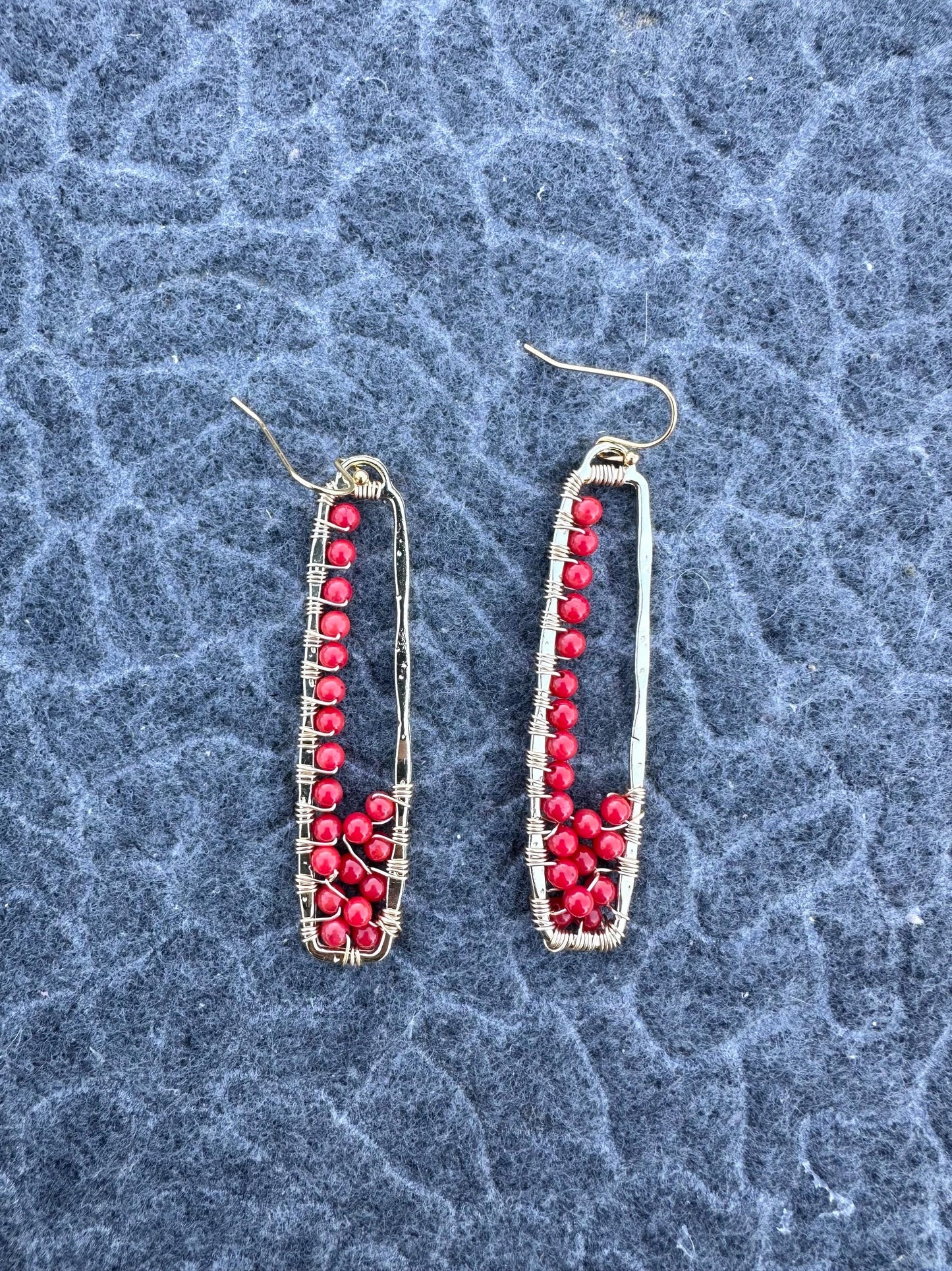 Handmade Earrings with 3mm Red Coral with gold plated 2.38inches length