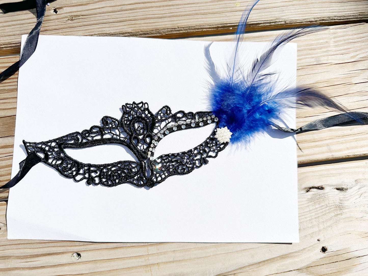 Black soft Lace Mask, Embroidery Mask, Black Mask, Party Mask, Wedding Mask, Halloween Mask, with clear rhinestone and blue feather