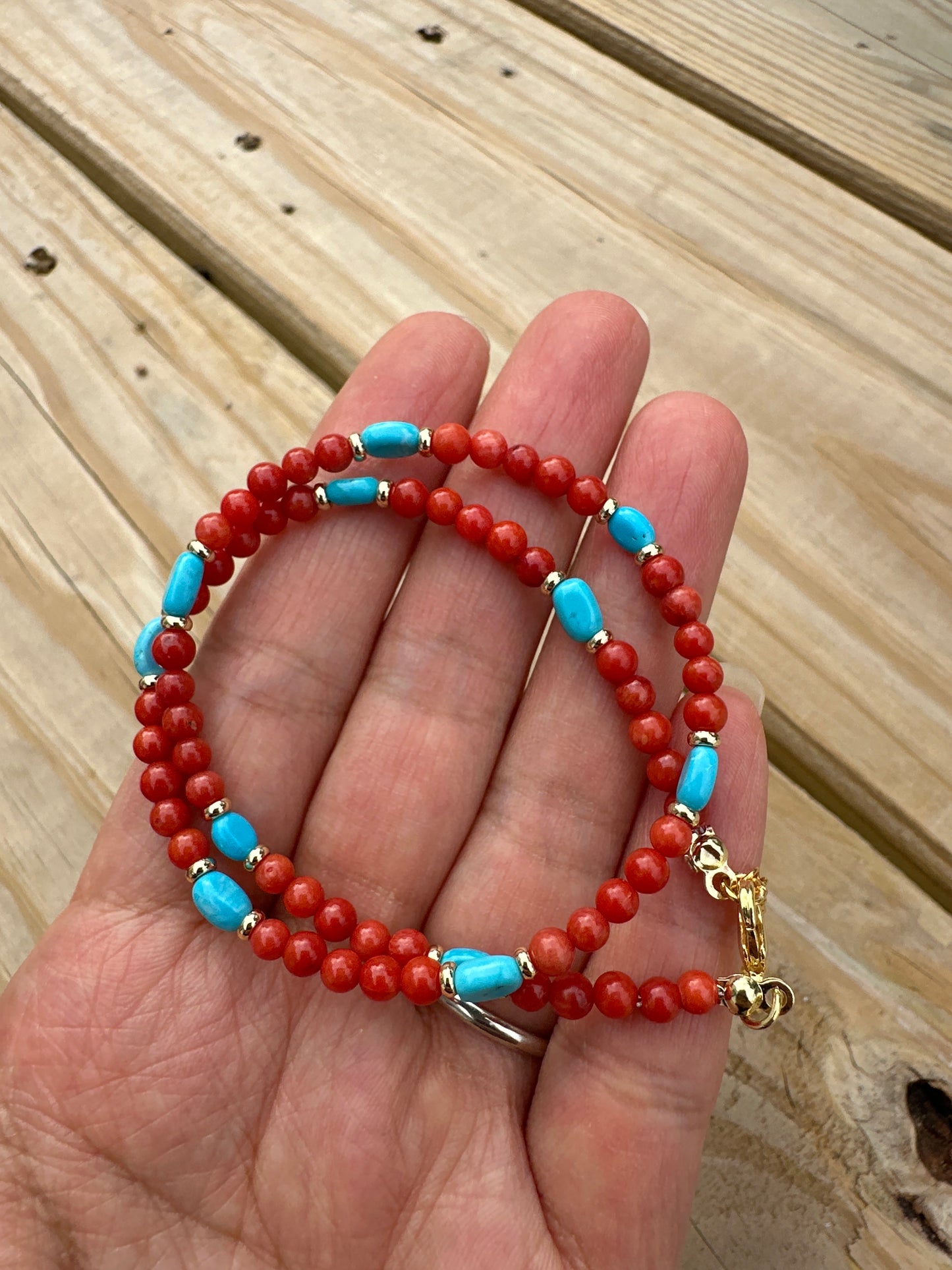 925 sterling silver gold plated with Red Coral And Turquoise handmade bracelet and necklace