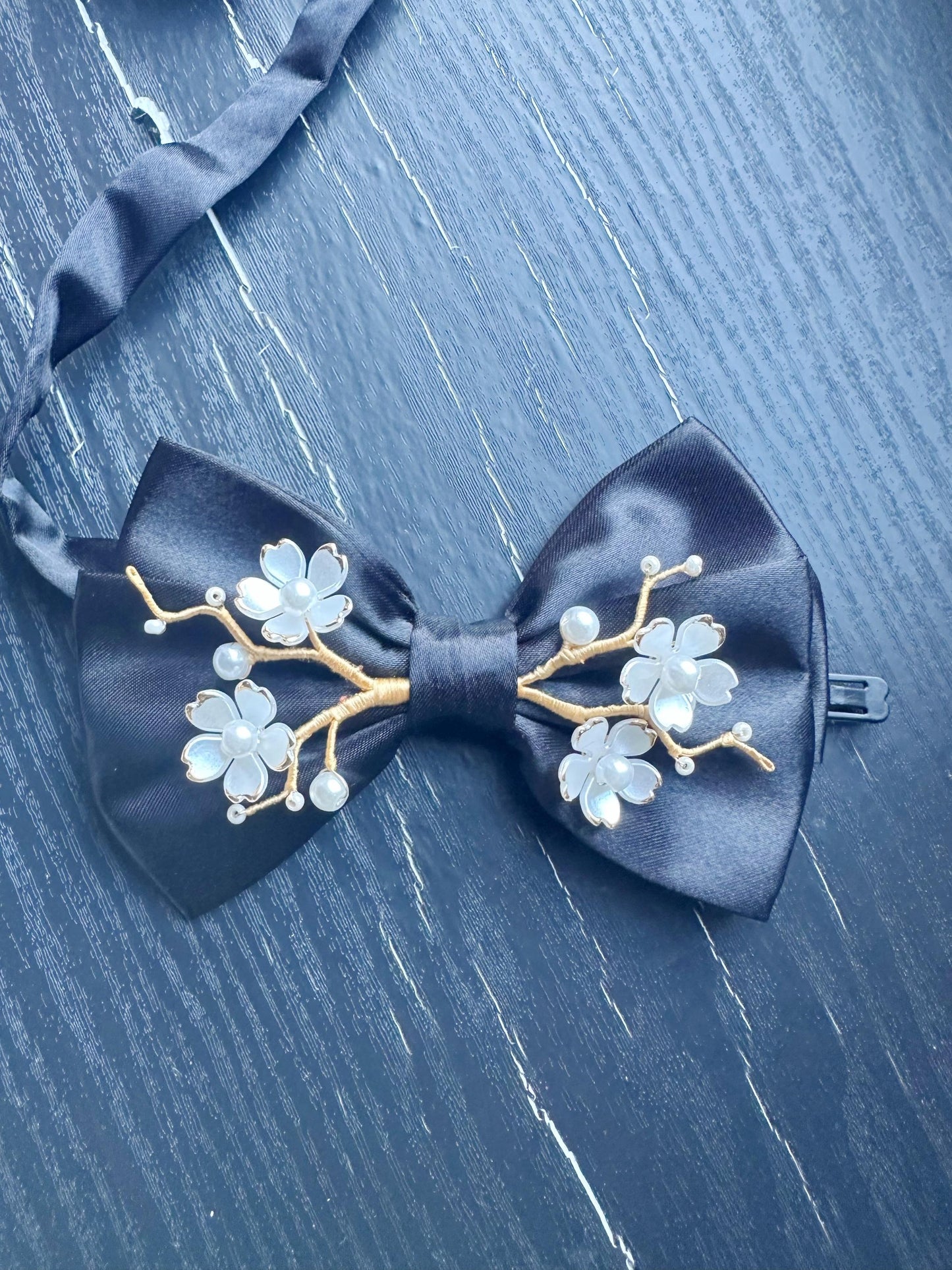 Handmade Bow Tie for women Men,Boys – Black Satin Bow Tie with white Cherry Blossom Branch – Asian Inspired Wedding Formal Accessory