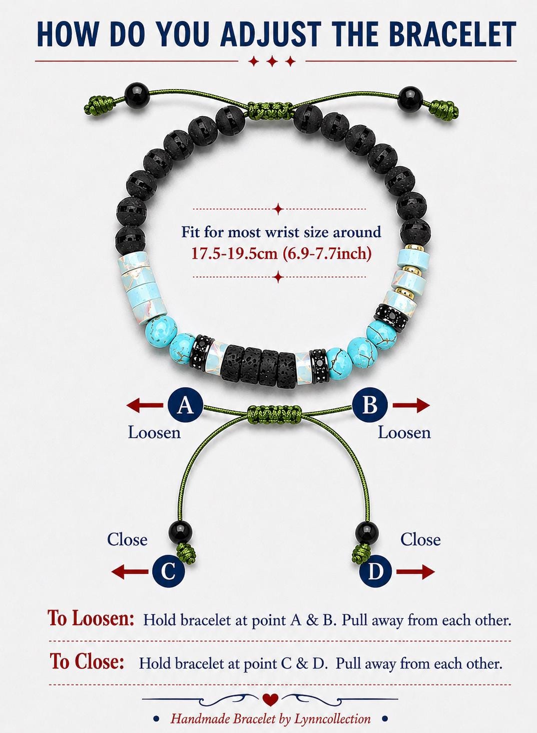 Gemstone Bracelet for HIM OR HER. Made it with 6mm turquoise, 2x6mm lava beads. With Adjustable Knotted Cord