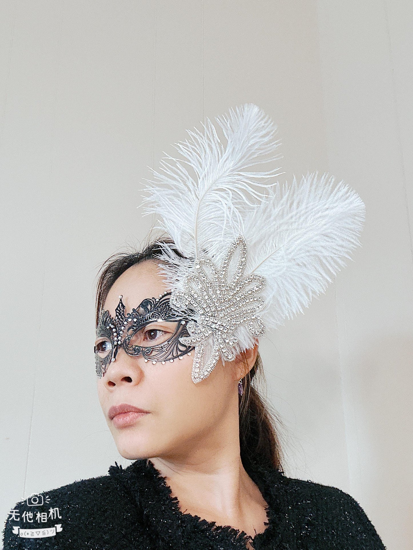 Handmade special design with Ostrich Feathers Masquerade Mask, Metal Mask Shiny Rhinestone Venetian Party Evening Prom Ball Mask