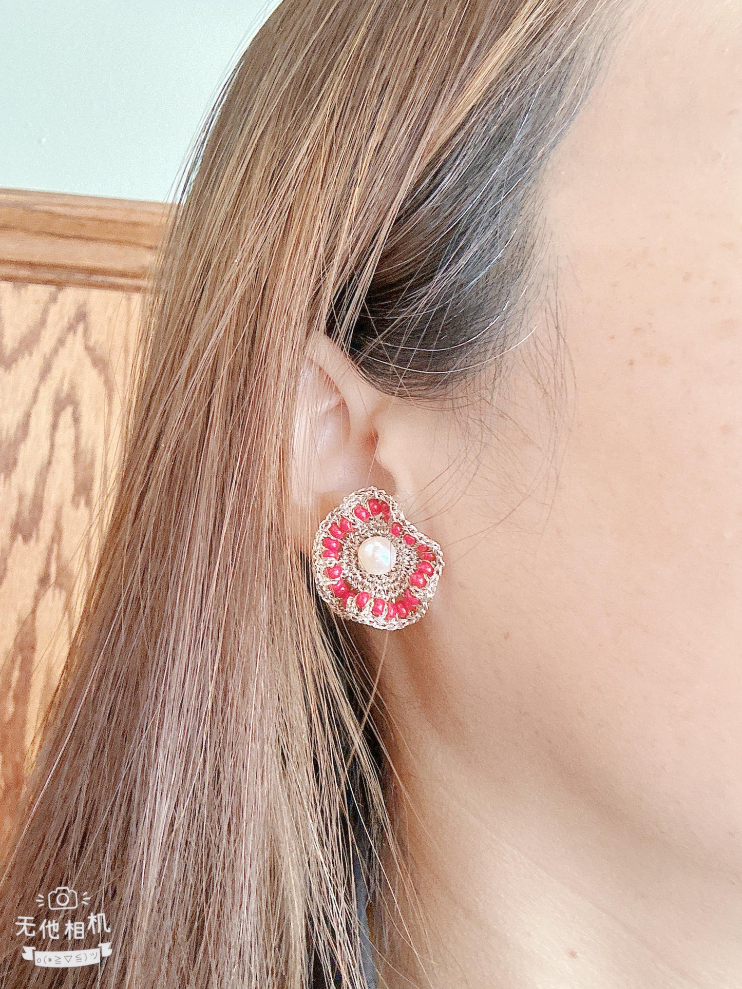 Crochet with Metallic Embroidery Thread and Red color glass beads ,freshwater pearls studs with 925 sterling silver Earrings