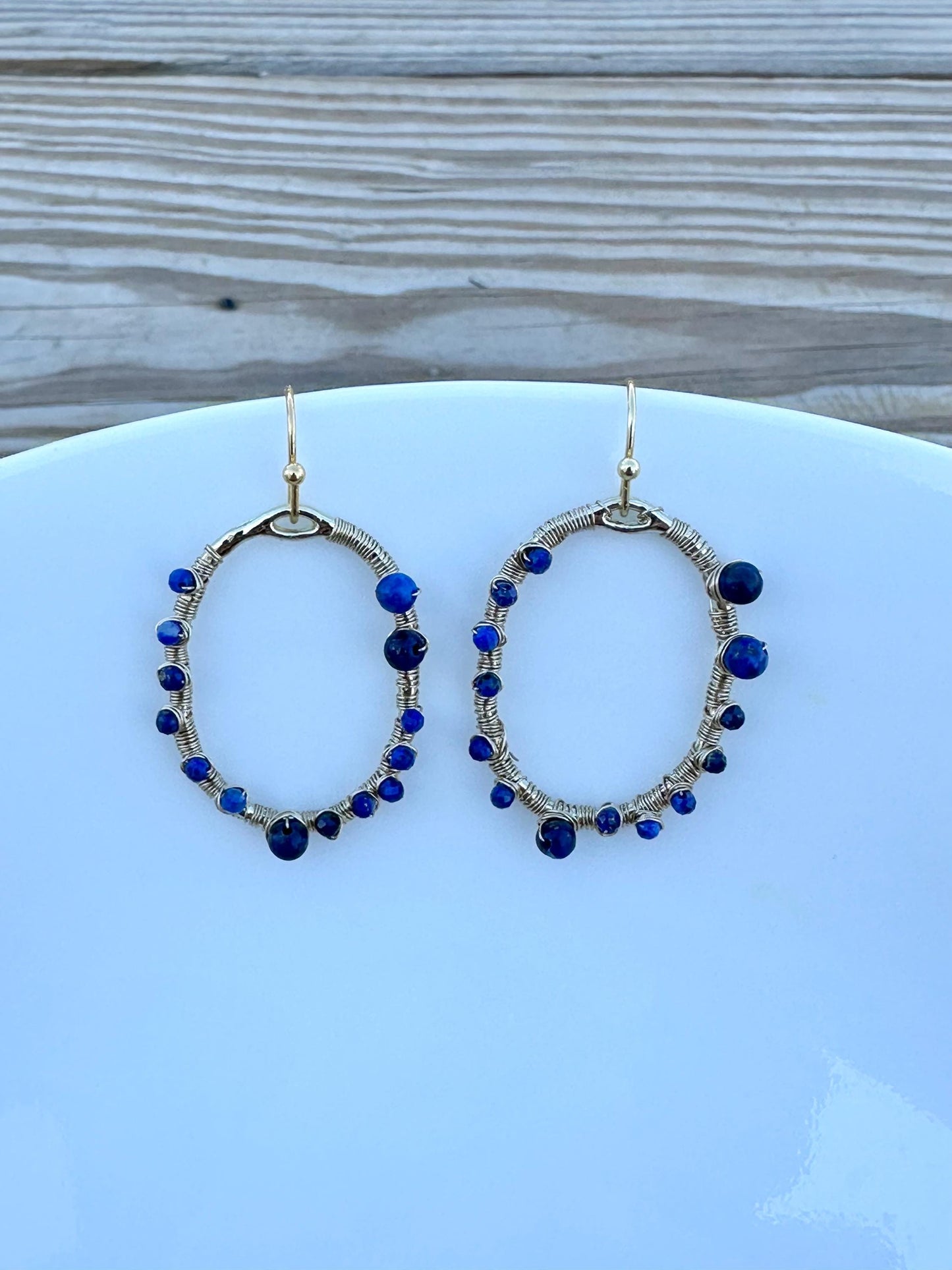 Handmade Earrings with 2mm,3mm Lapis Lazuli with 21.5mm X 30mm gold plated