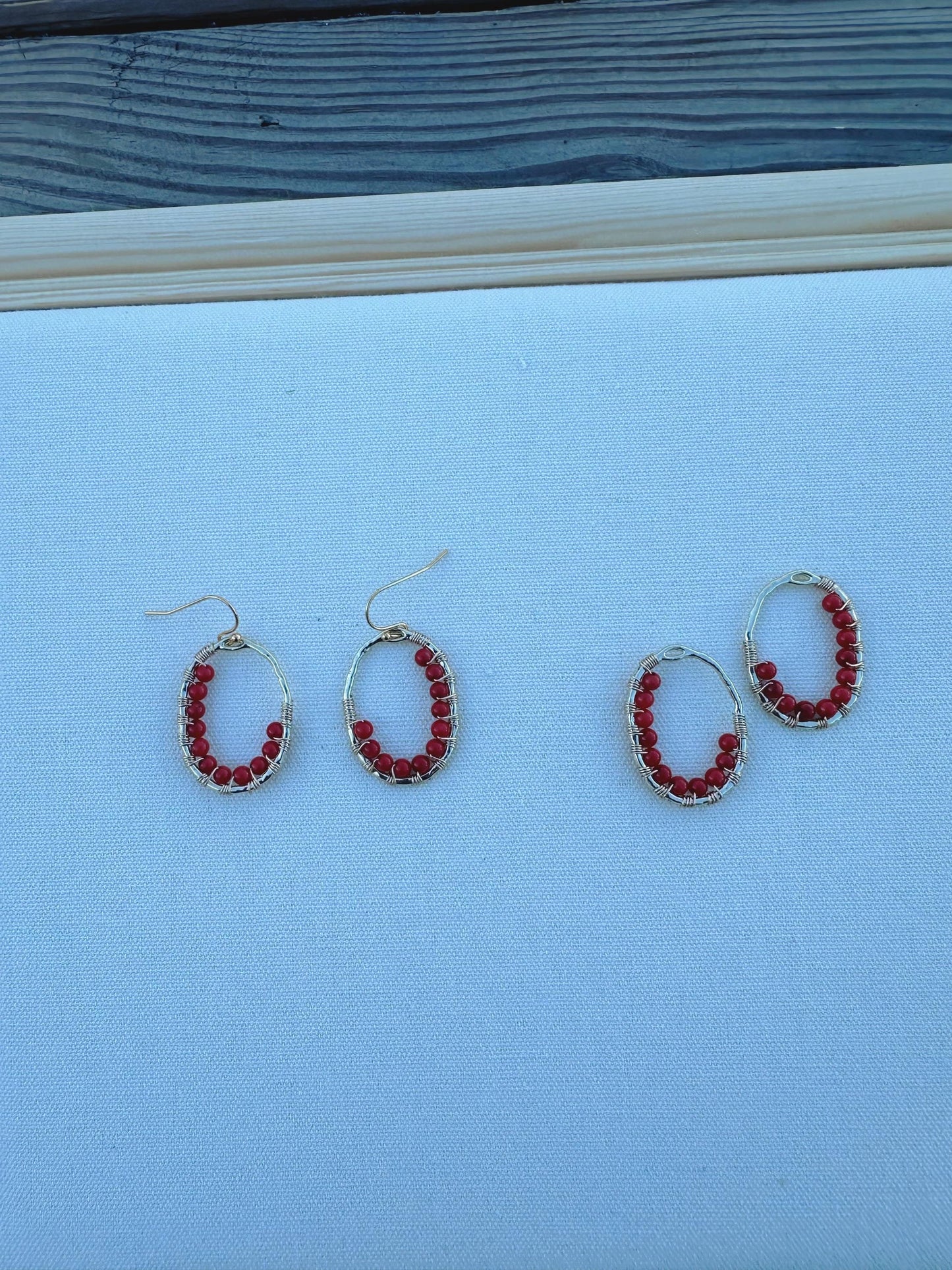 Handmade Earrings with 3mm Red Coral and 2mm Ruby with 1” length X3/4” wide gold plated and 18k gold plated hooks