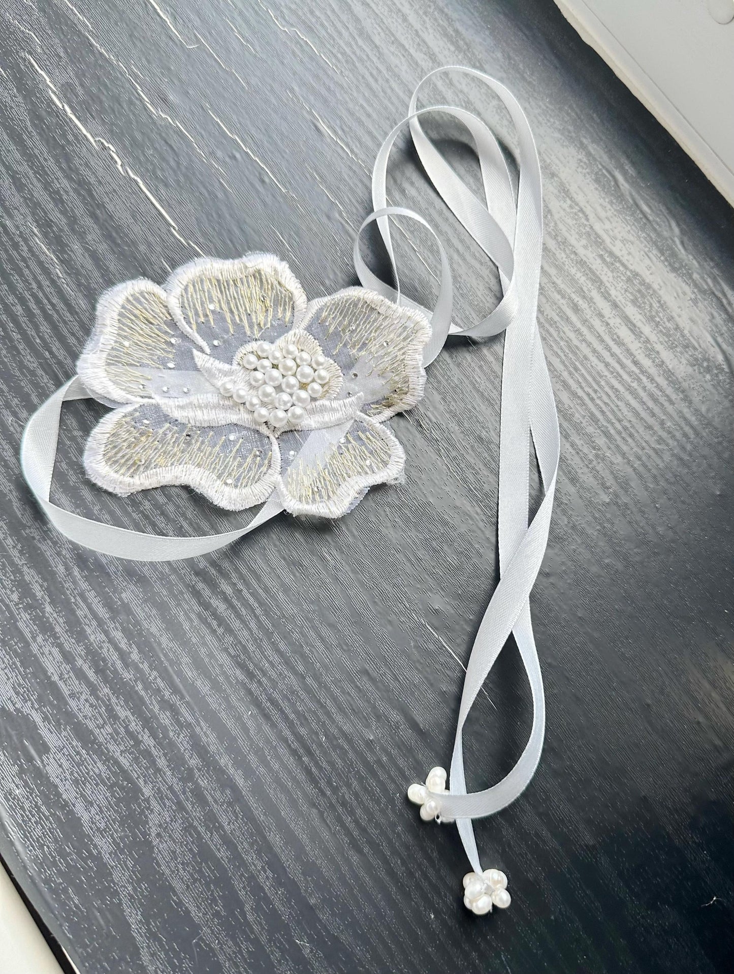 Handmade flower choker necklace with gray color ribbon end with freshwater pearls