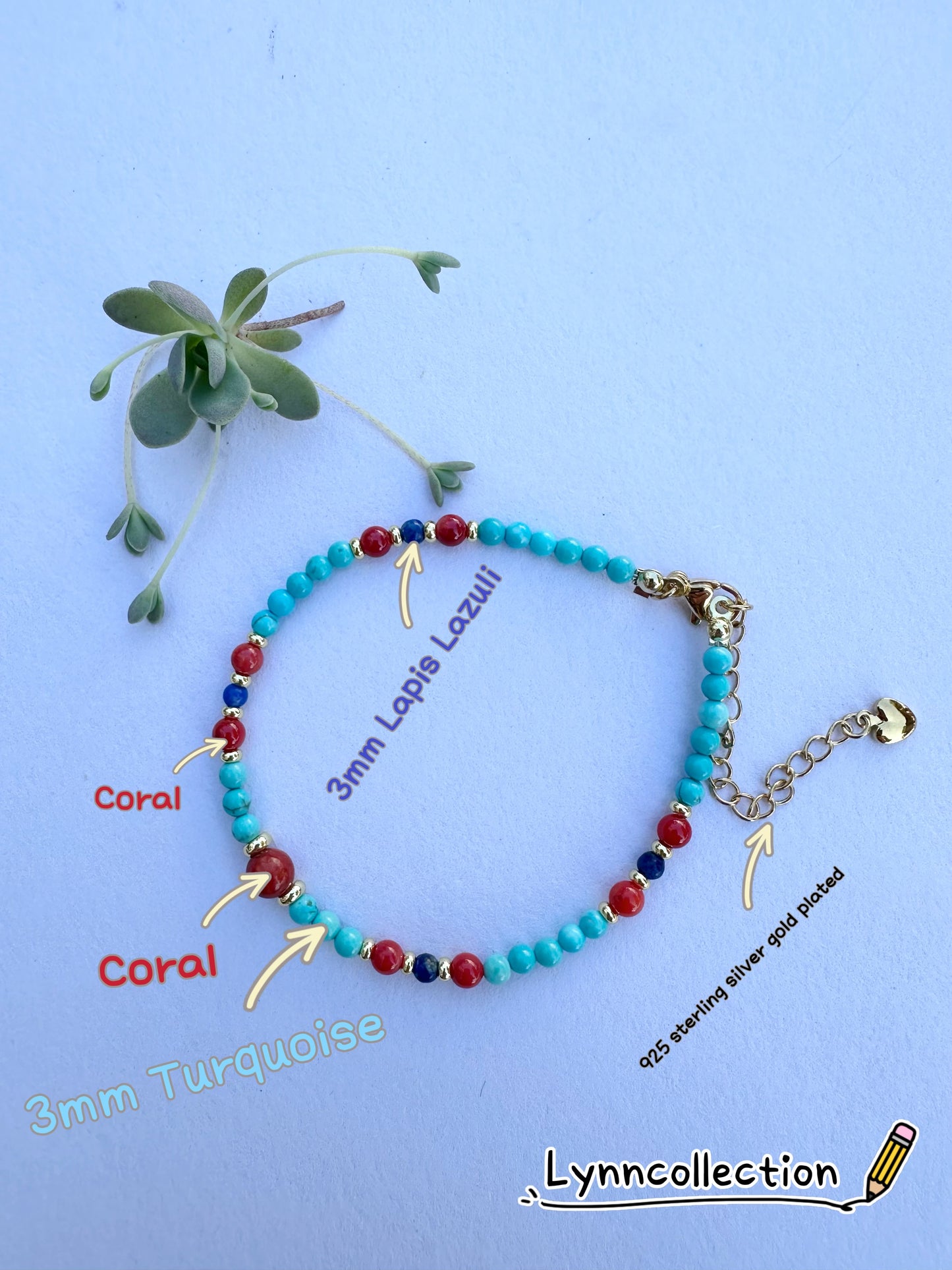 925 Sterling Silver gold plated with 3mm Turquoise handmade bracelet
