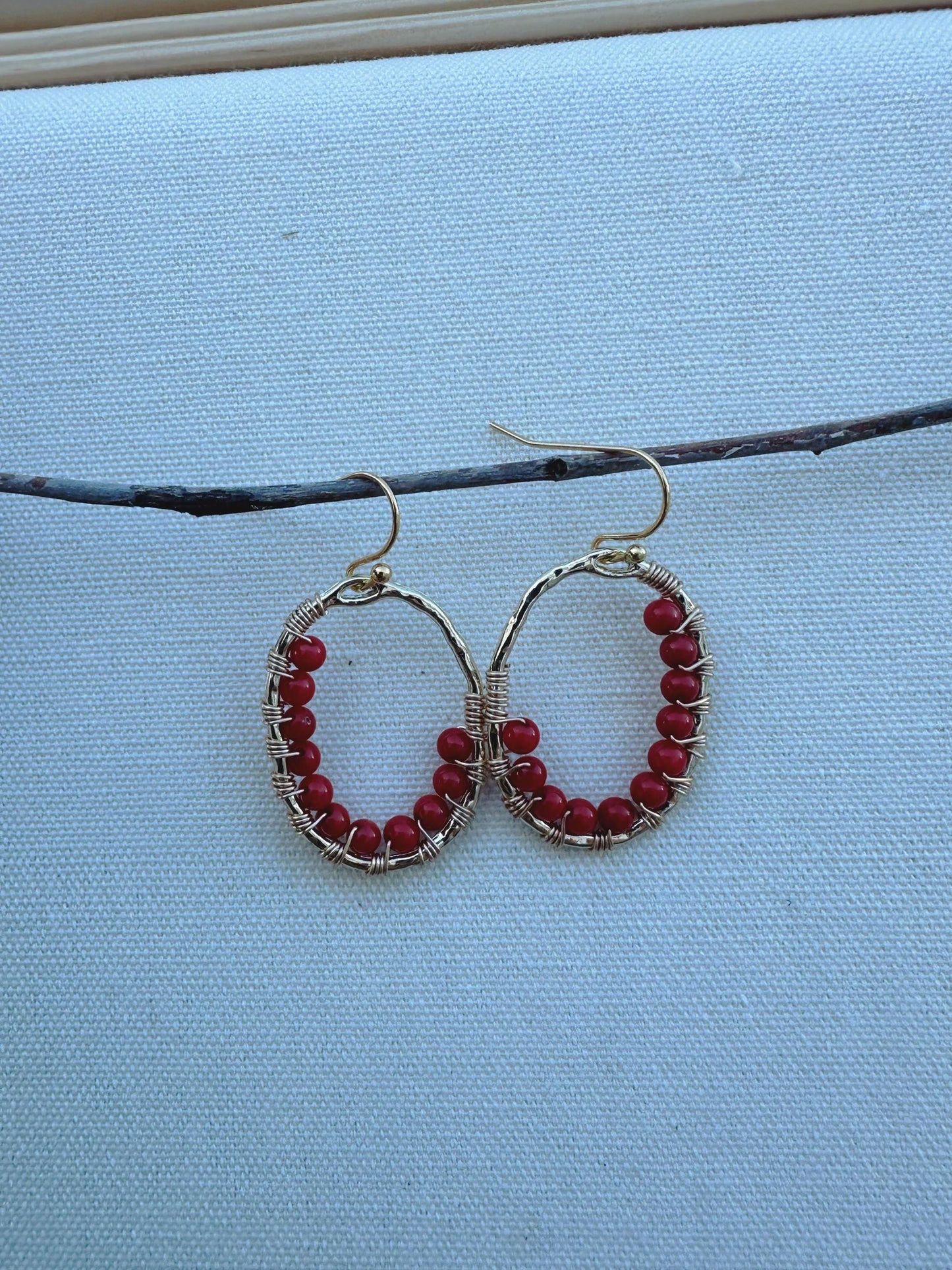 Handmade Earrings with 3mm Red Coral and 2mm Ruby with 1” length X3/4” wide gold plated and 18k gold plated hooks