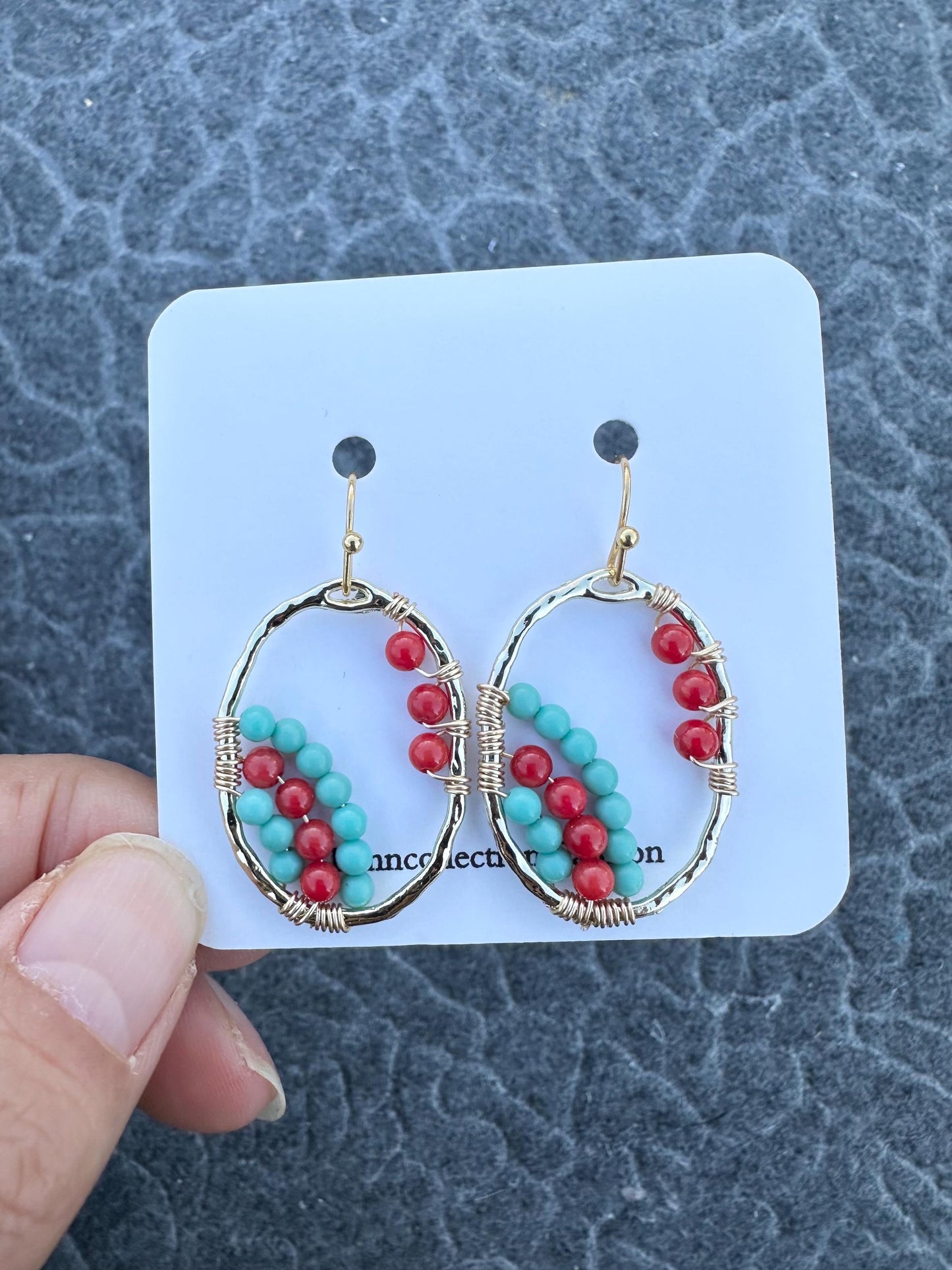 Handmade Earrings with 3mm Red coral and turquoise with 21.5mm X 30mm gold plated