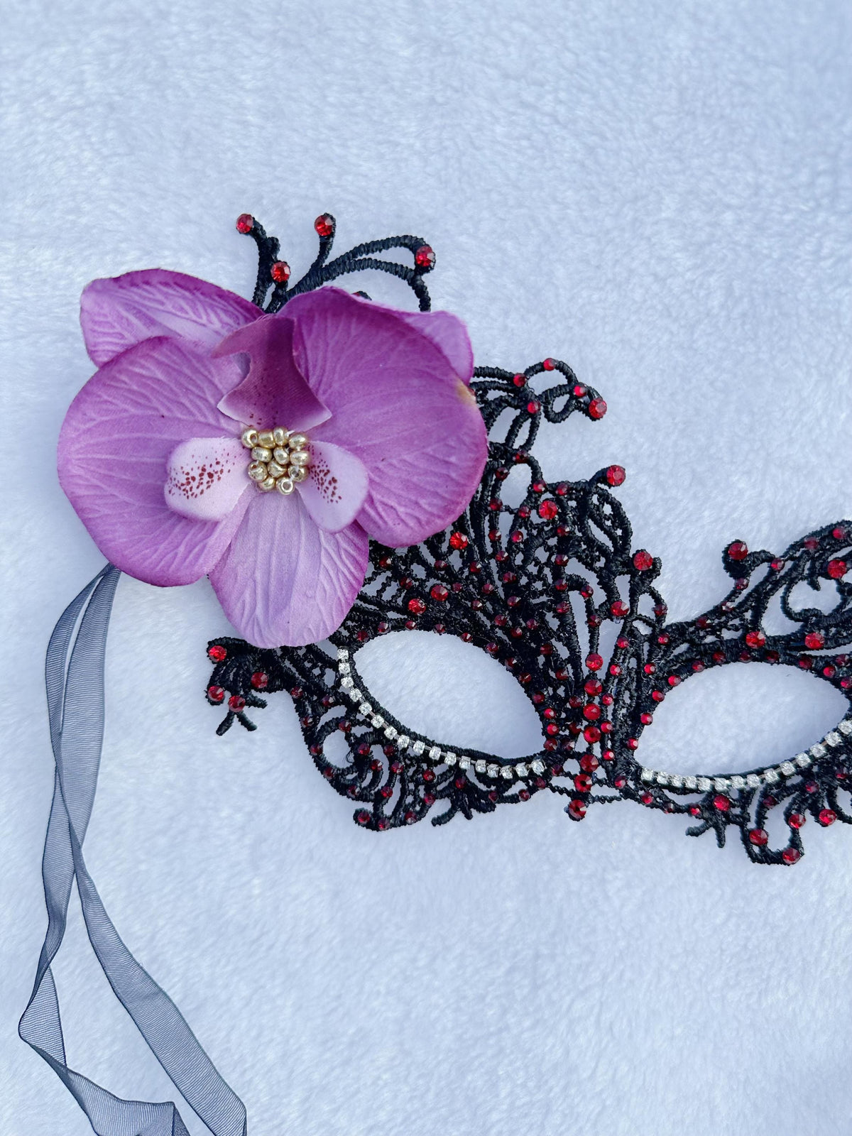 Lace masquerade Mask, with fabric Orchid flower and rhinestone, Masquerade Party mask, Halloween Party mask