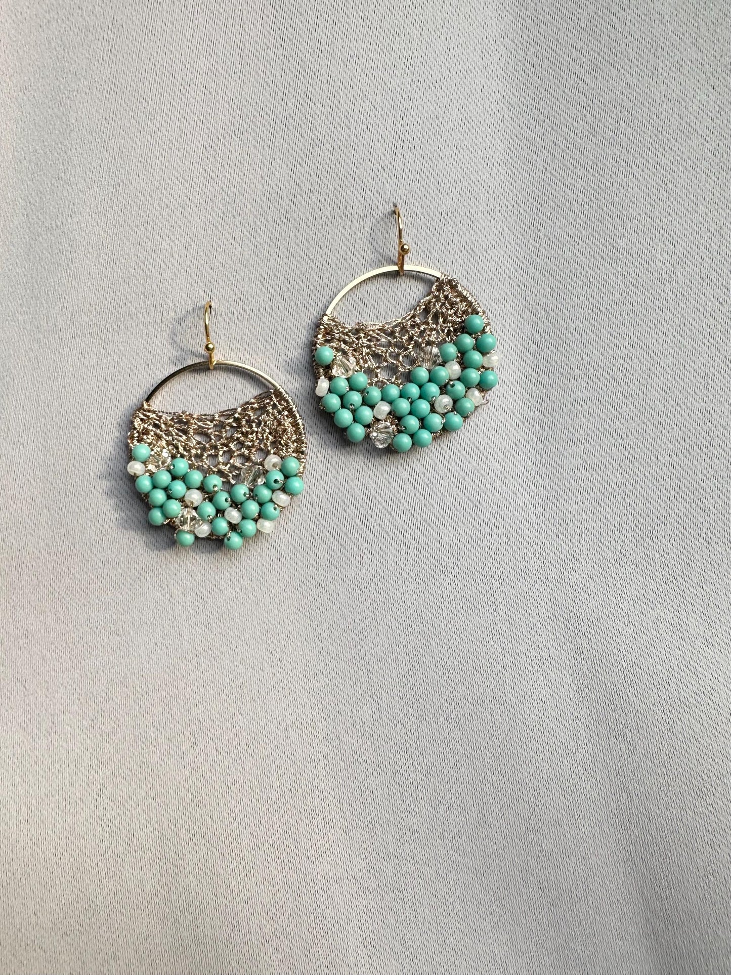 Handmade crochet with Embroidery Thread earrings, with turquoise gemstone with gold plated
