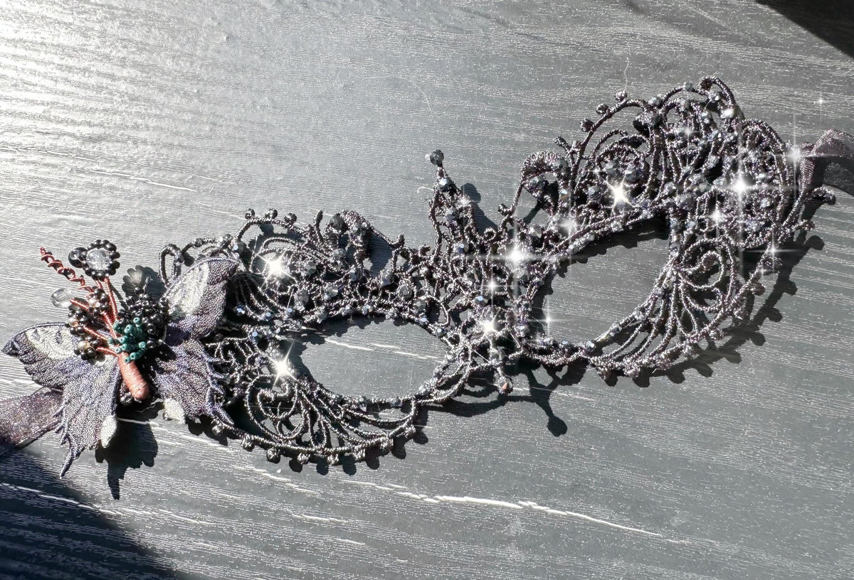One of a Kind Black Color Butterfly Mask, Handmade Black Lace Masquerade Mask, Venetian Eye Mask with Crystal Rhinestones