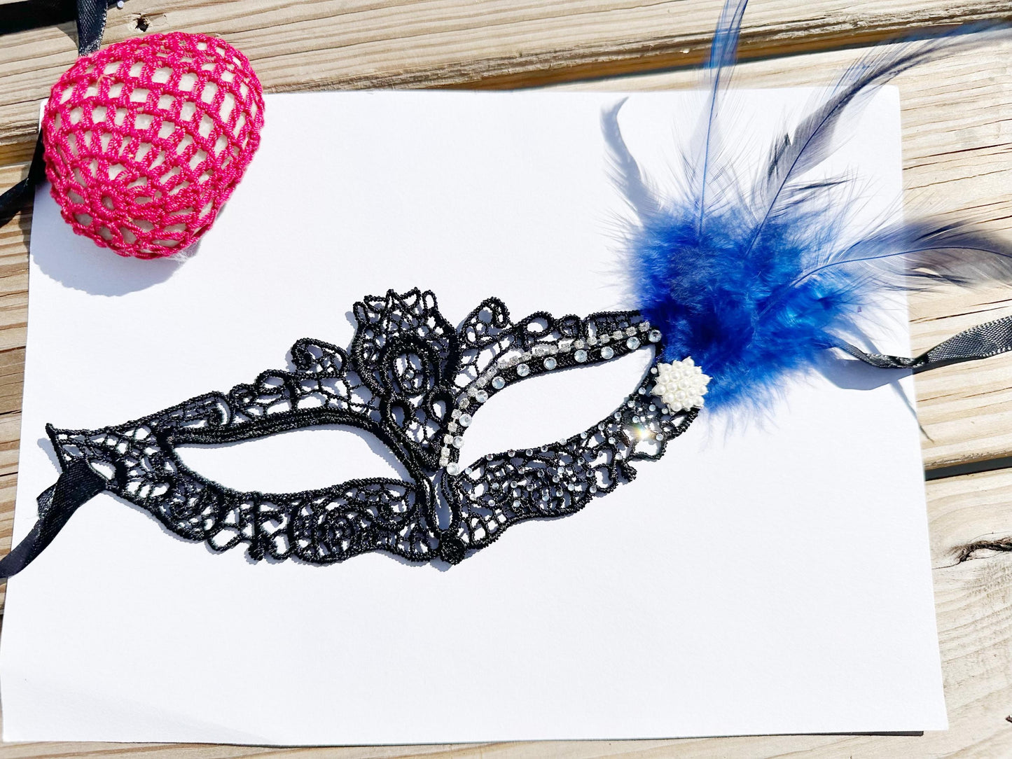 Black soft Lace Mask, Embroidery Mask, Black Mask, Party Mask, Wedding Mask, Halloween Mask, with clear rhinestone and blue feather