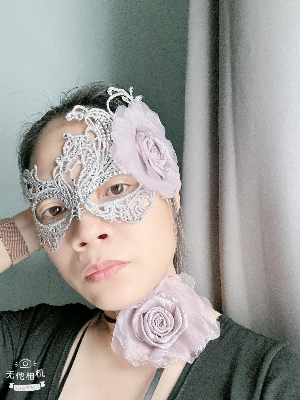 Gray color Masquerade Mask with light purple color fabric flower, and silk flower choker, Halloween mask ( price includes mask and choker
