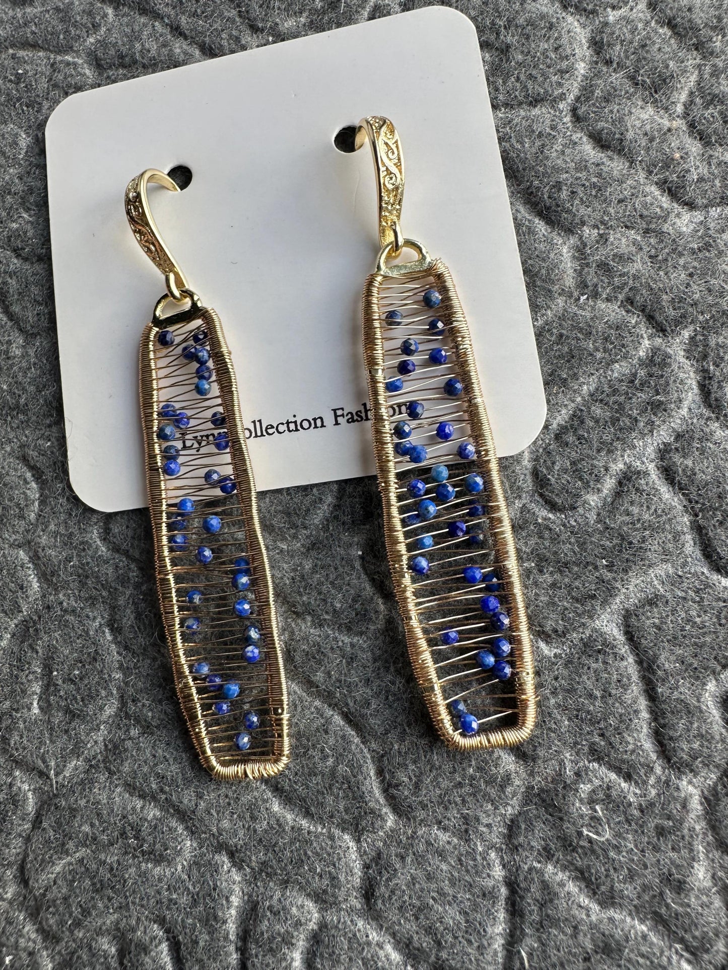 Handmade wire wrapped Earrings with 2mm Lapis Lazuli with gold plated 2.38inches length