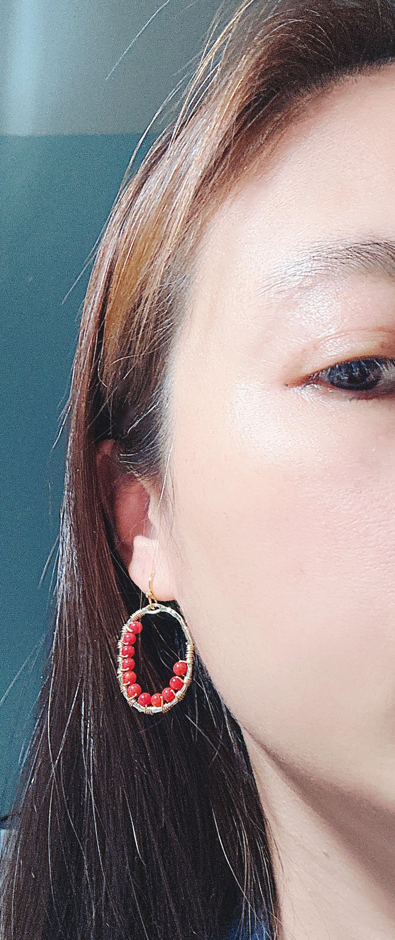 Handmade Earrings with 3mm Red Coral and 2mm Ruby with 1” length X3/4” wide gold plated and 18k gold plated hooks