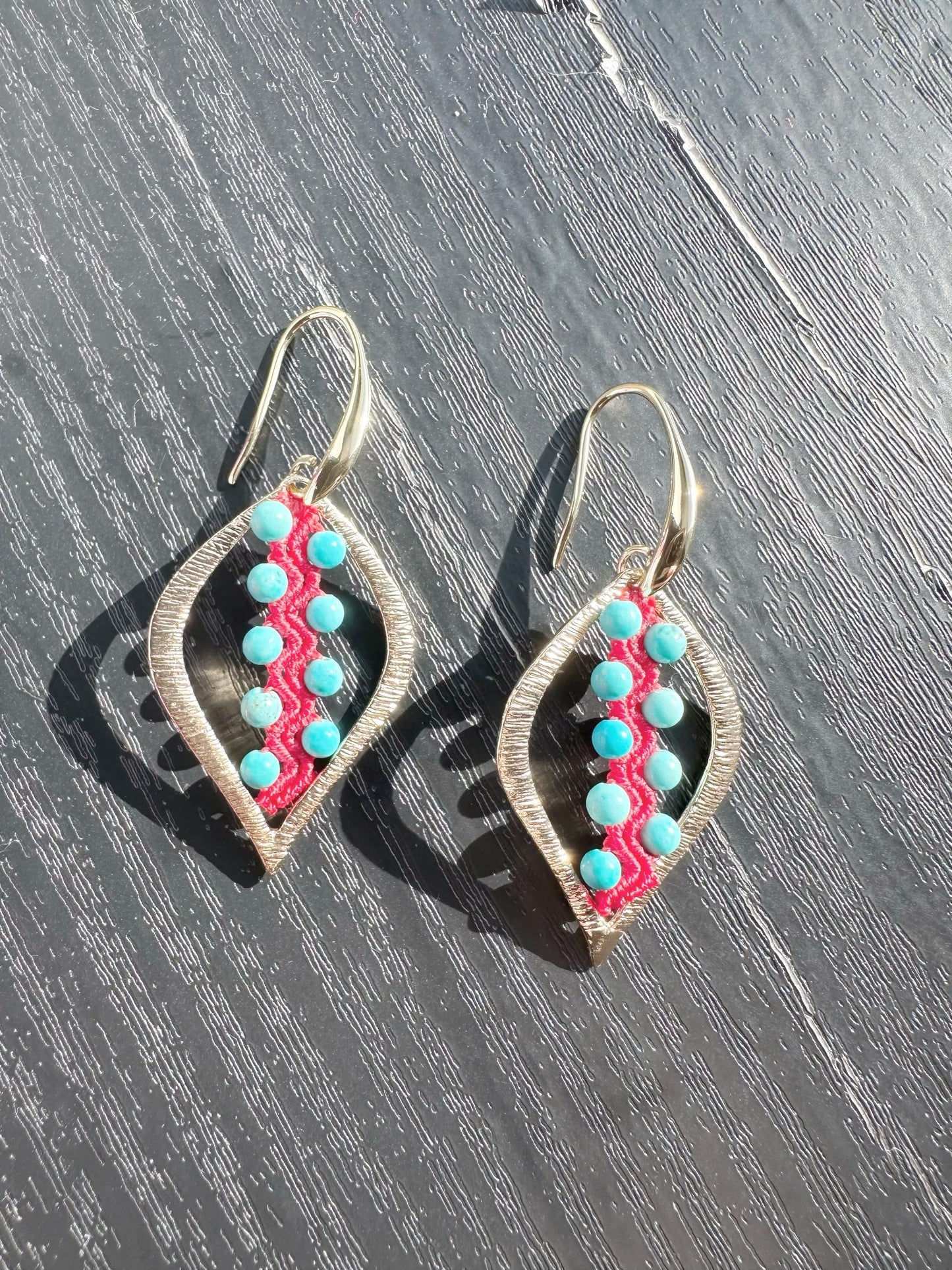 Macrame Turquoise Earrings, 18K Gold Plated, Dangle Earrings