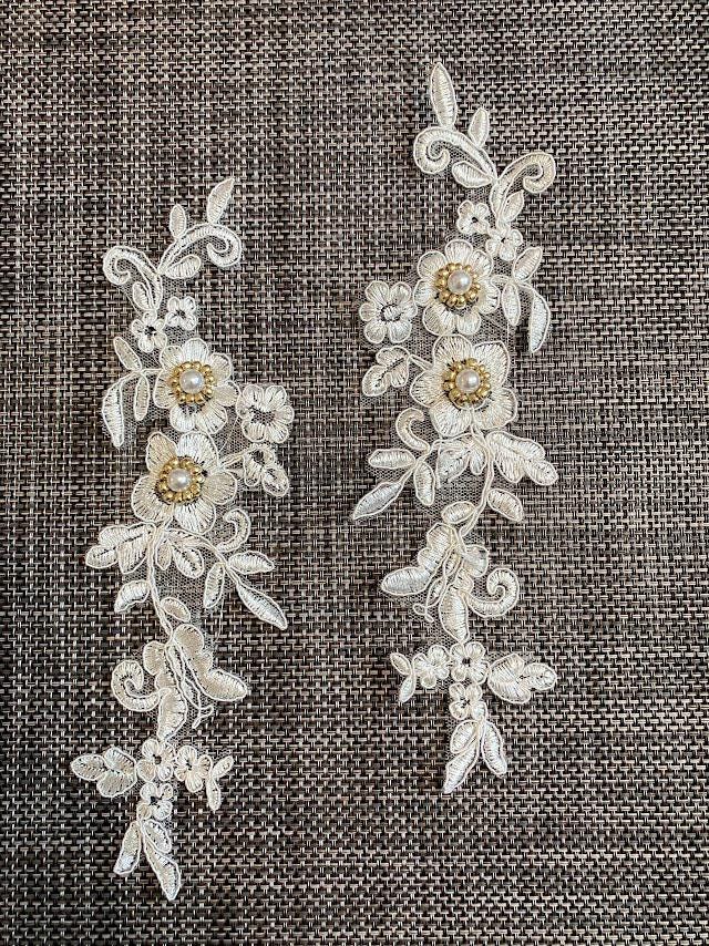A130 Lace appliques ,wedding applique, TWO PAIRS White Color Lace appliques with Gold Color beaded Embroidered Appliques