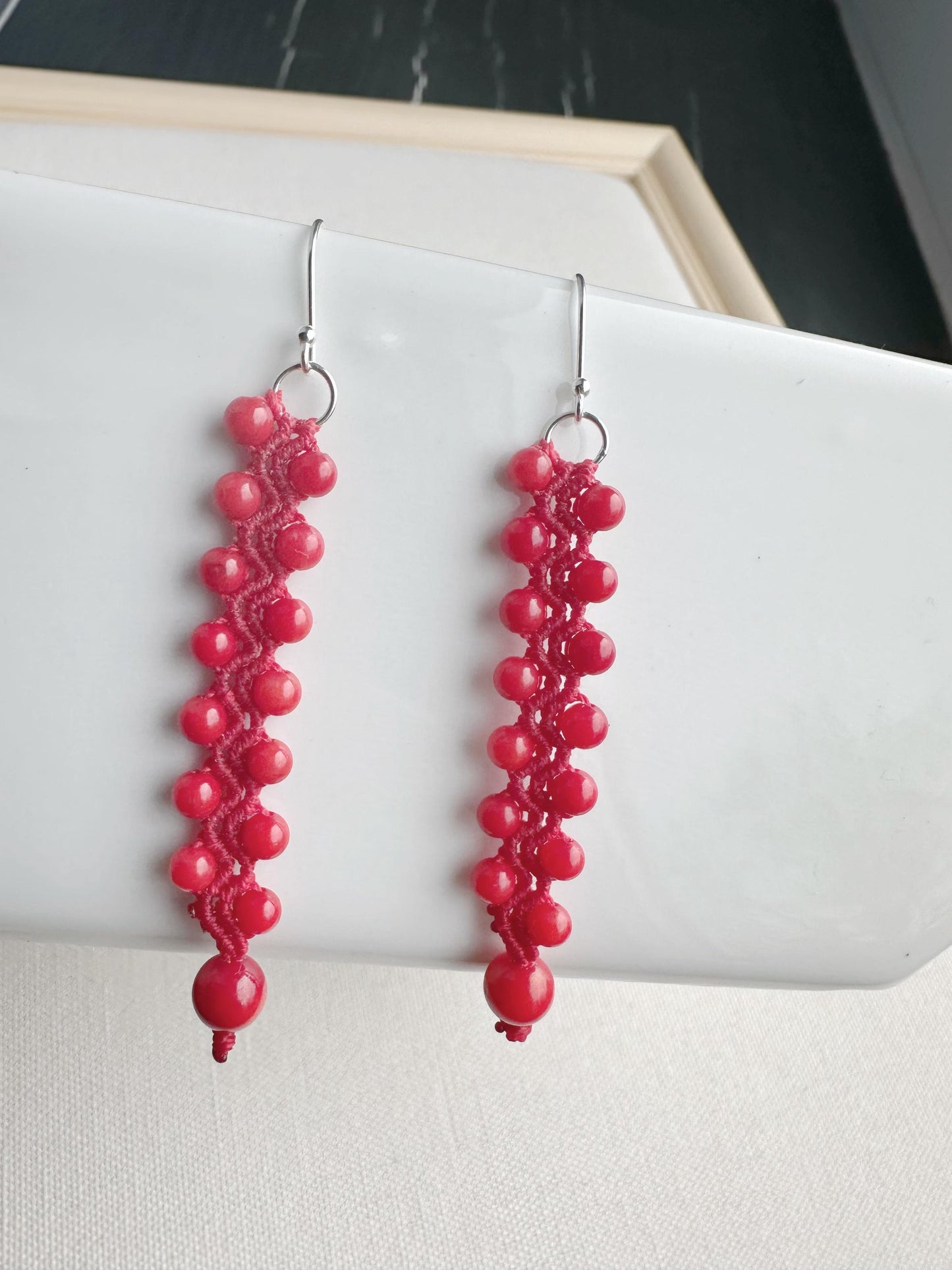 Red Coral Macrame Earrings, 925 Sterling Silver Hooks