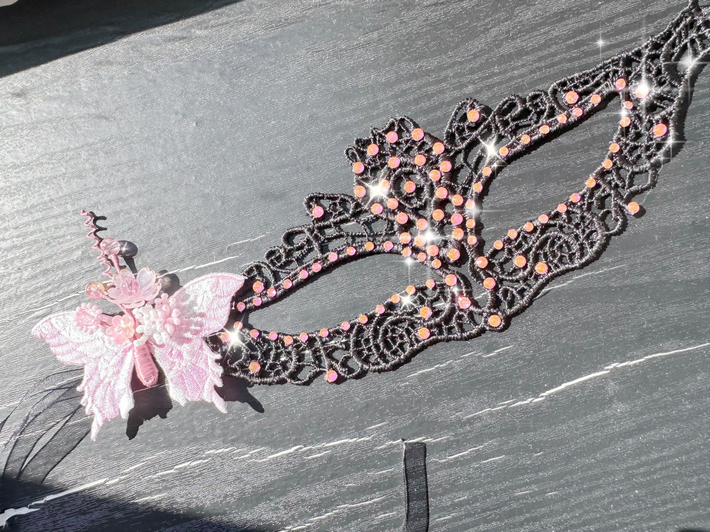 Black Lace Masquerade Mask, with Pink Color rhinestone and butterfly, handmade flowers Mask for Ball Party/Halloween