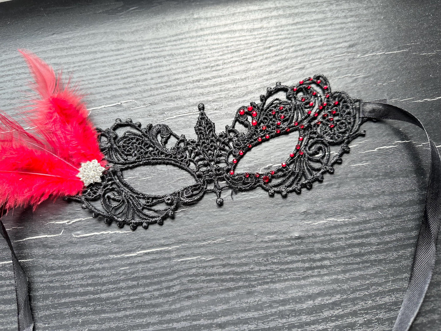 Black soft Lace Mask, Embroidery Mask, Black Mask, Party Mask, Wedding Mask, Halloween Mask, with red color rhinestone and Red feather