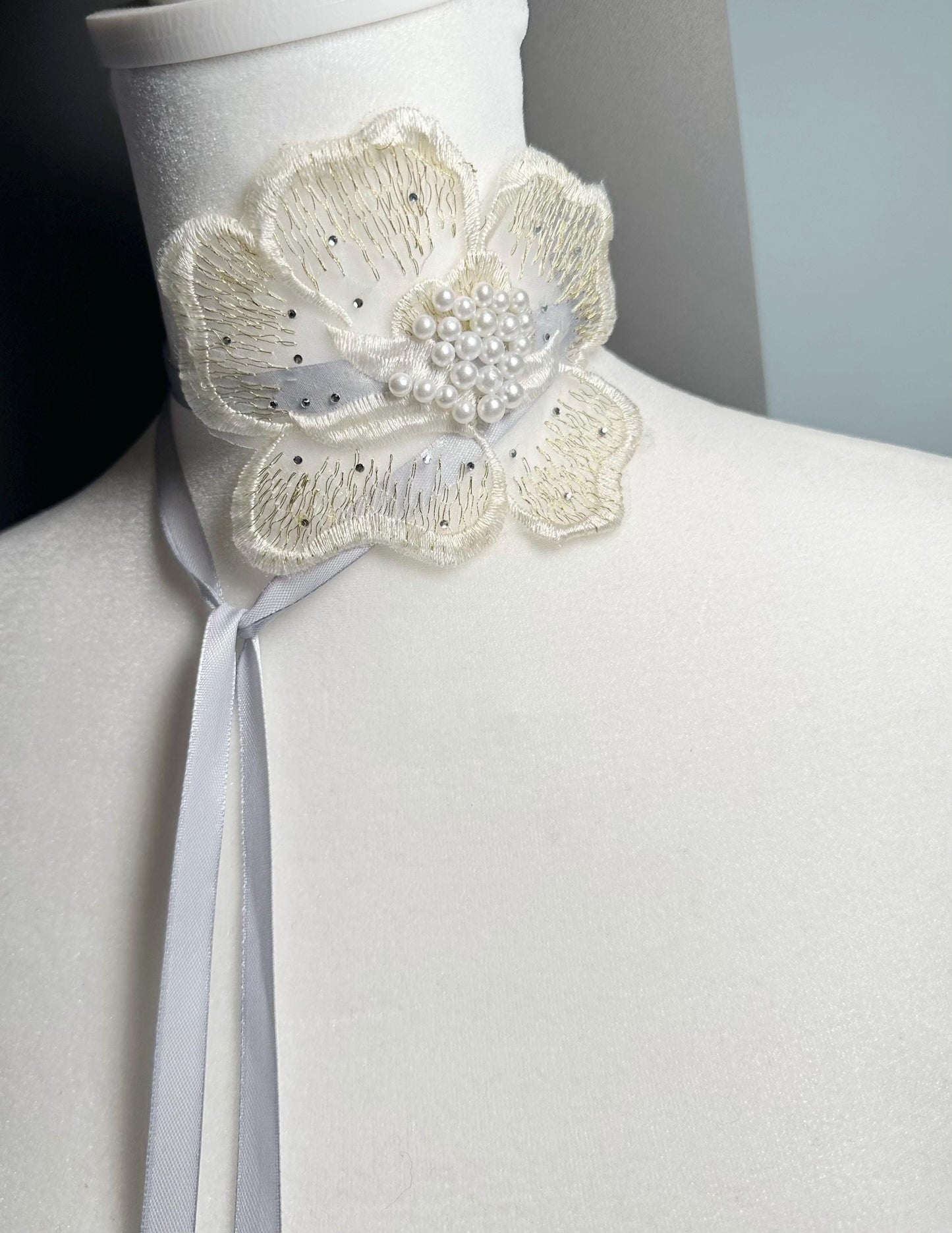 Handmade flower choker necklace with gray color ribbon end with freshwater pearls