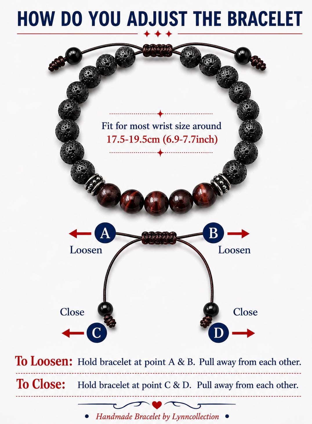 Gemstone Bracelet for HIM OR HER. Made it with Black Lava Stone,Red Tiger’s eye beads. Adjustable Knotted Cord, Elastic Stretch Cord