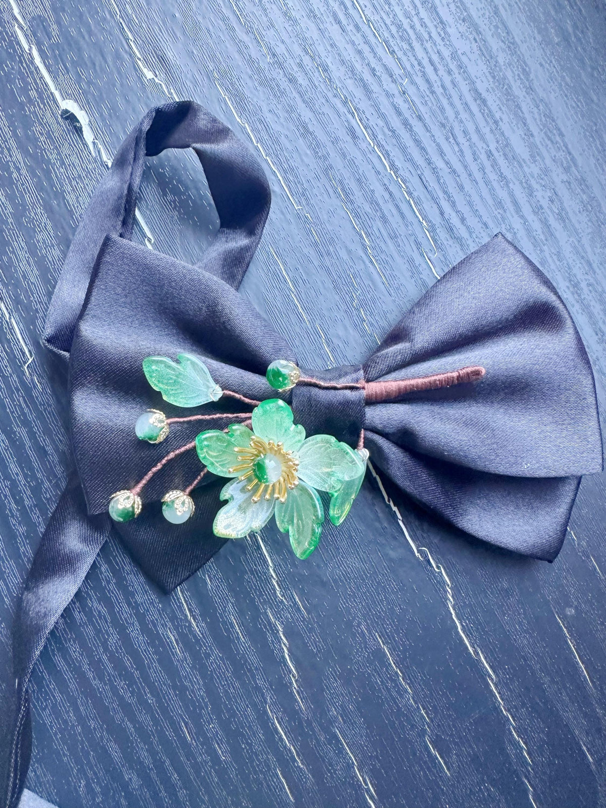 Handmade Bow Tie for women Men,Boys – Black Satin Bow Tie with green Color flower Blossom Branch – Asian Inspired Wedding Formal Accessory