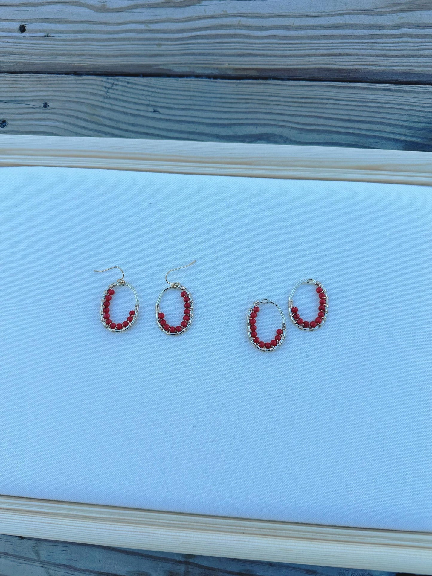 Handmade Earrings with 3mm Red Coral and 2mm Ruby with 1” length X3/4” wide gold plated and 18k gold plated hooks