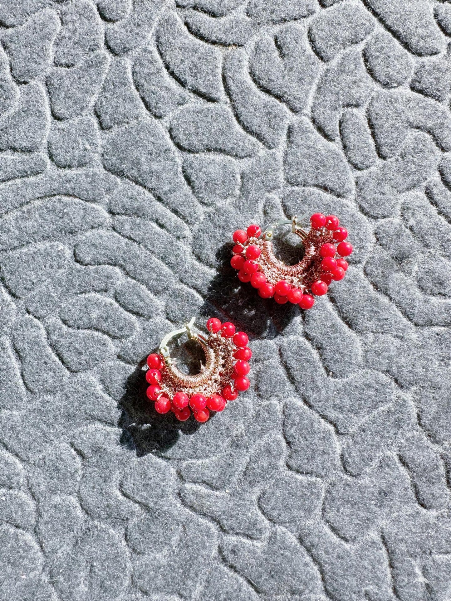 Handmade crochet earrings with 3mm corals beads with 925 Sterling silver hoop gold plated size 1inch.