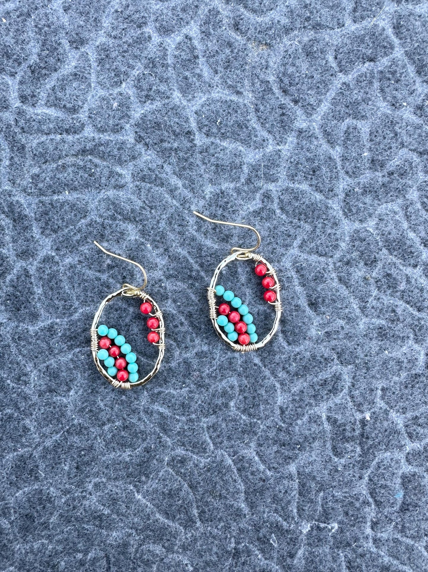 Handmade Earrings with 3mm Red coral and turquoise with 21.5mm X 30mm gold plated