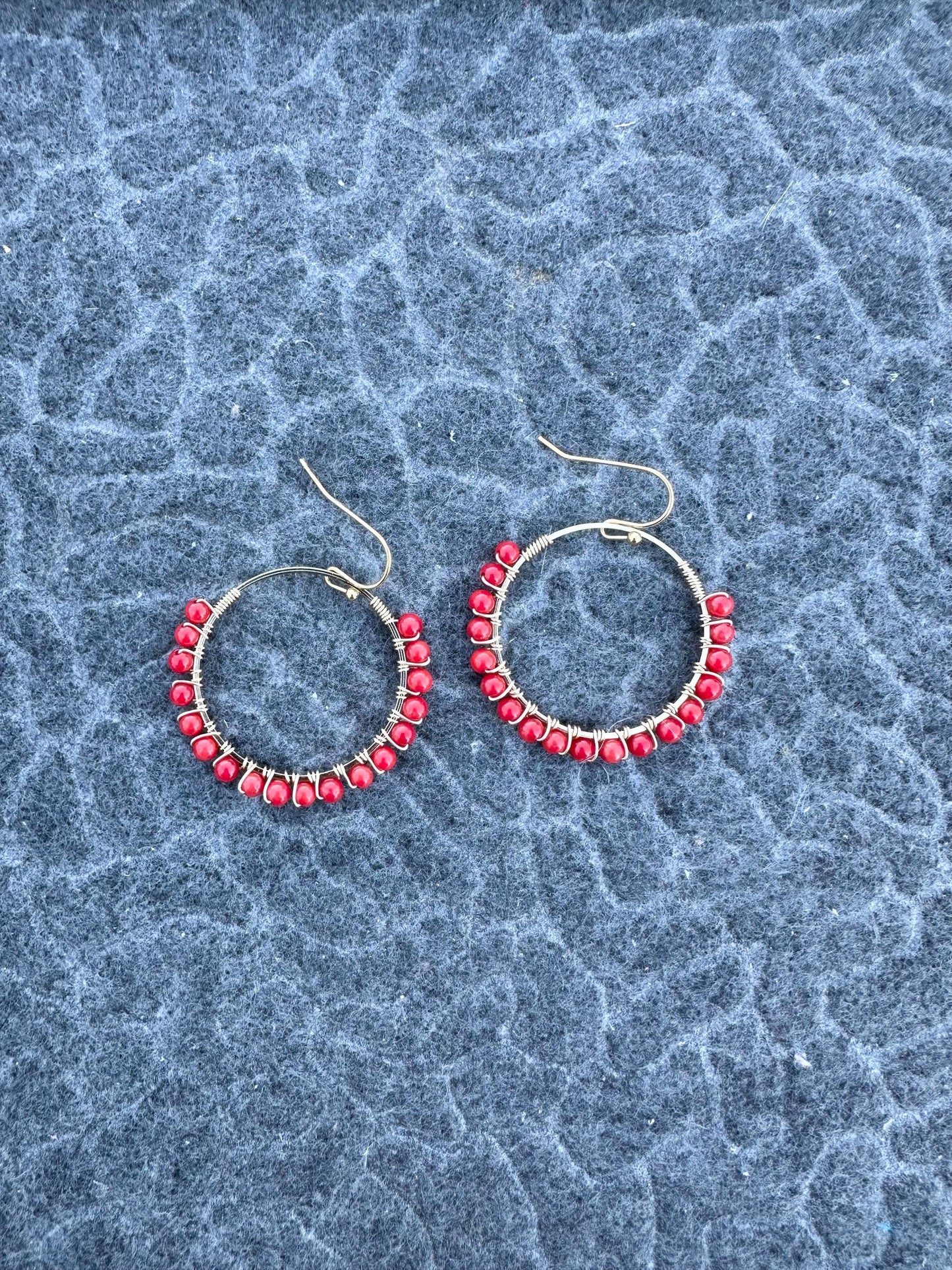 Handmade Red Coral Hoop Earrings: Gold Plated, Nickel Free