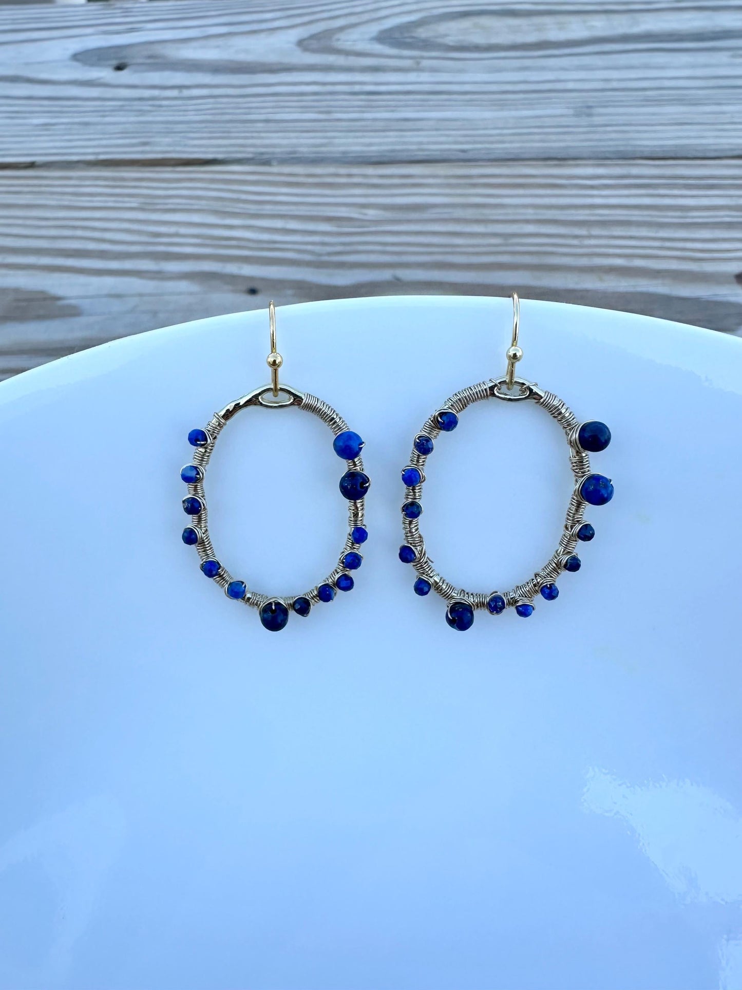 Handmade Earrings with 2mm,3mm Lapis Lazuli with 21.5mm X 30mm gold plated