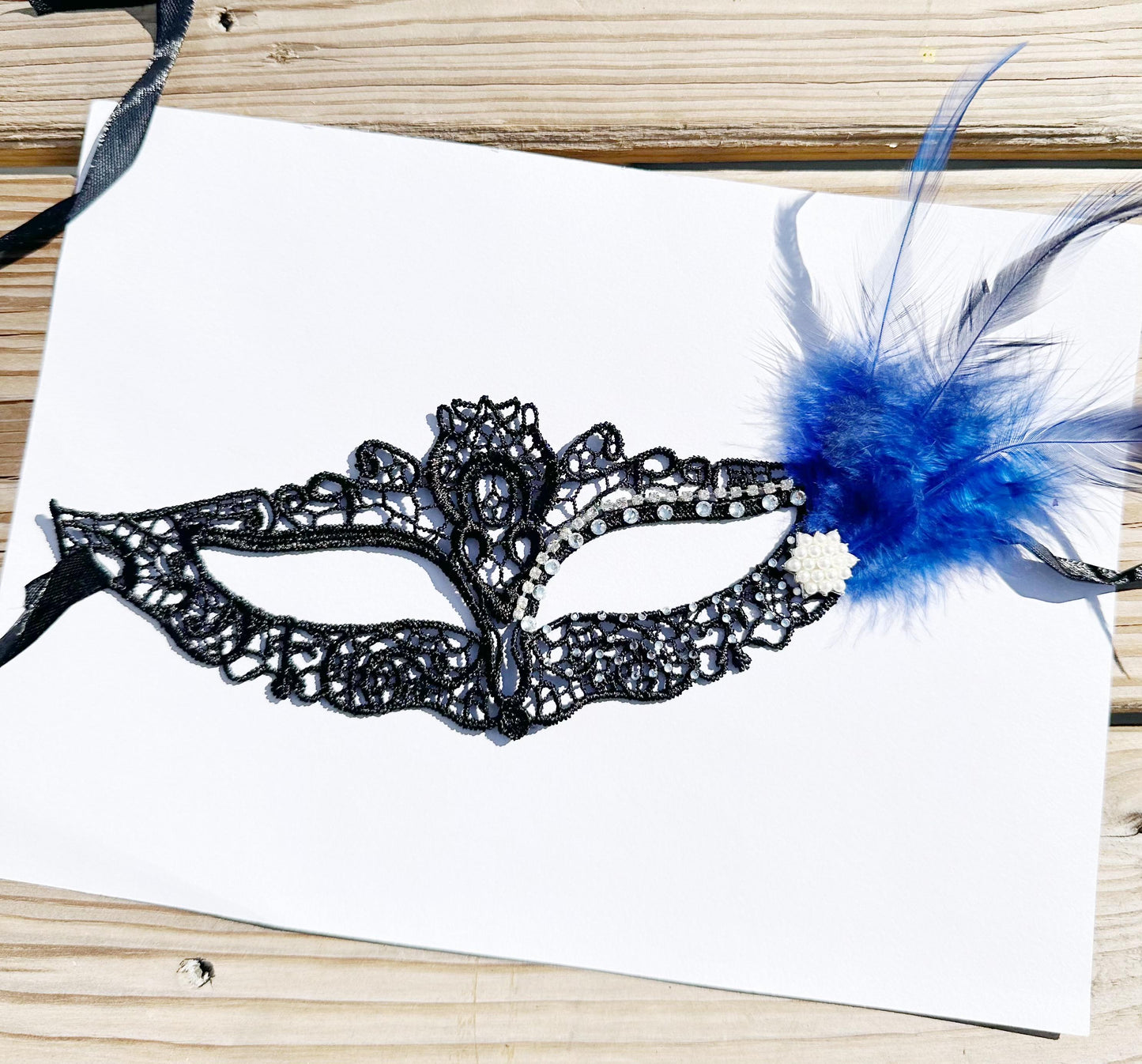 Black soft Lace Mask, Embroidery Mask, Black Mask, Party Mask, Wedding Mask, Halloween Mask, with clear rhinestone and blue feather