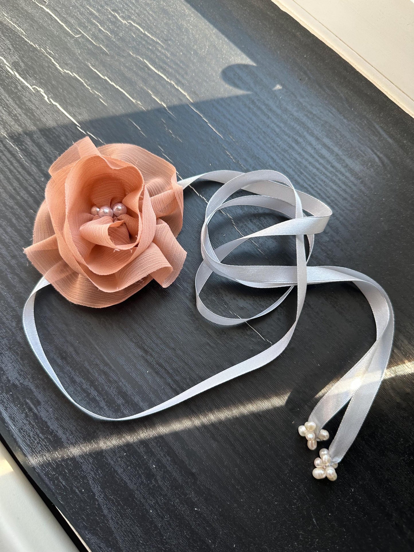 Handmade flower choker necklace with Peach color ribbon end with freshwater pearls