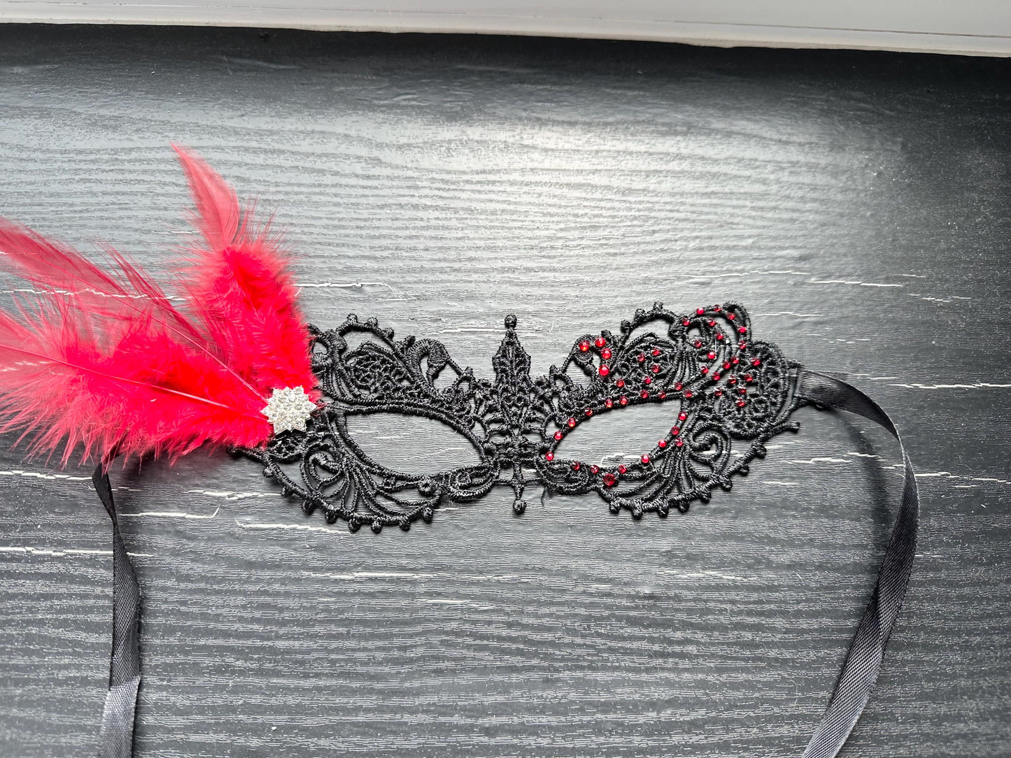 Black soft Lace Mask, Embroidery Mask, Black Mask, Party Mask, Wedding Mask, Halloween Mask, with red color rhinestone and Red feather