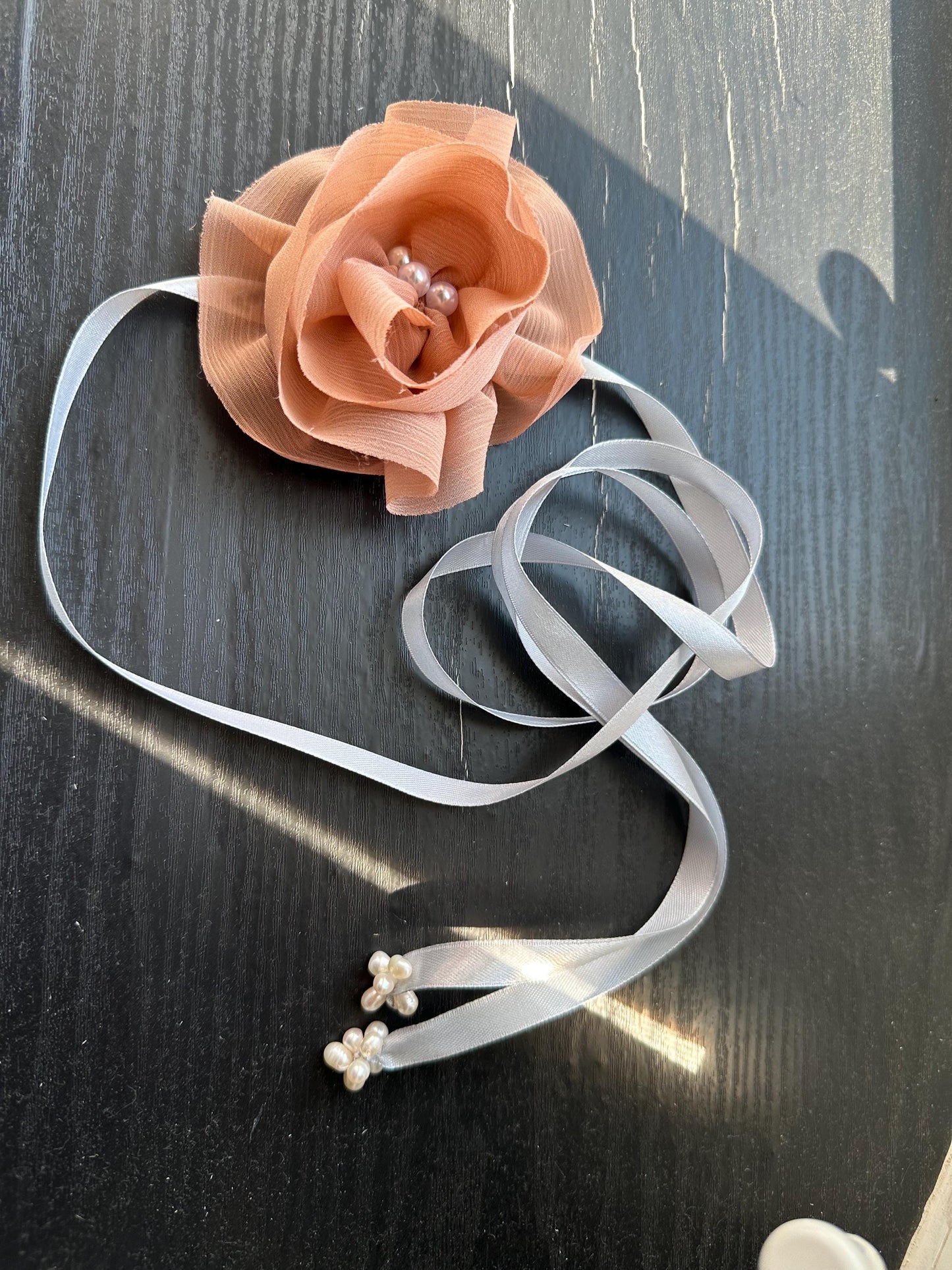 Handmade flower choker necklace with Peach color ribbon end with freshwater pearls