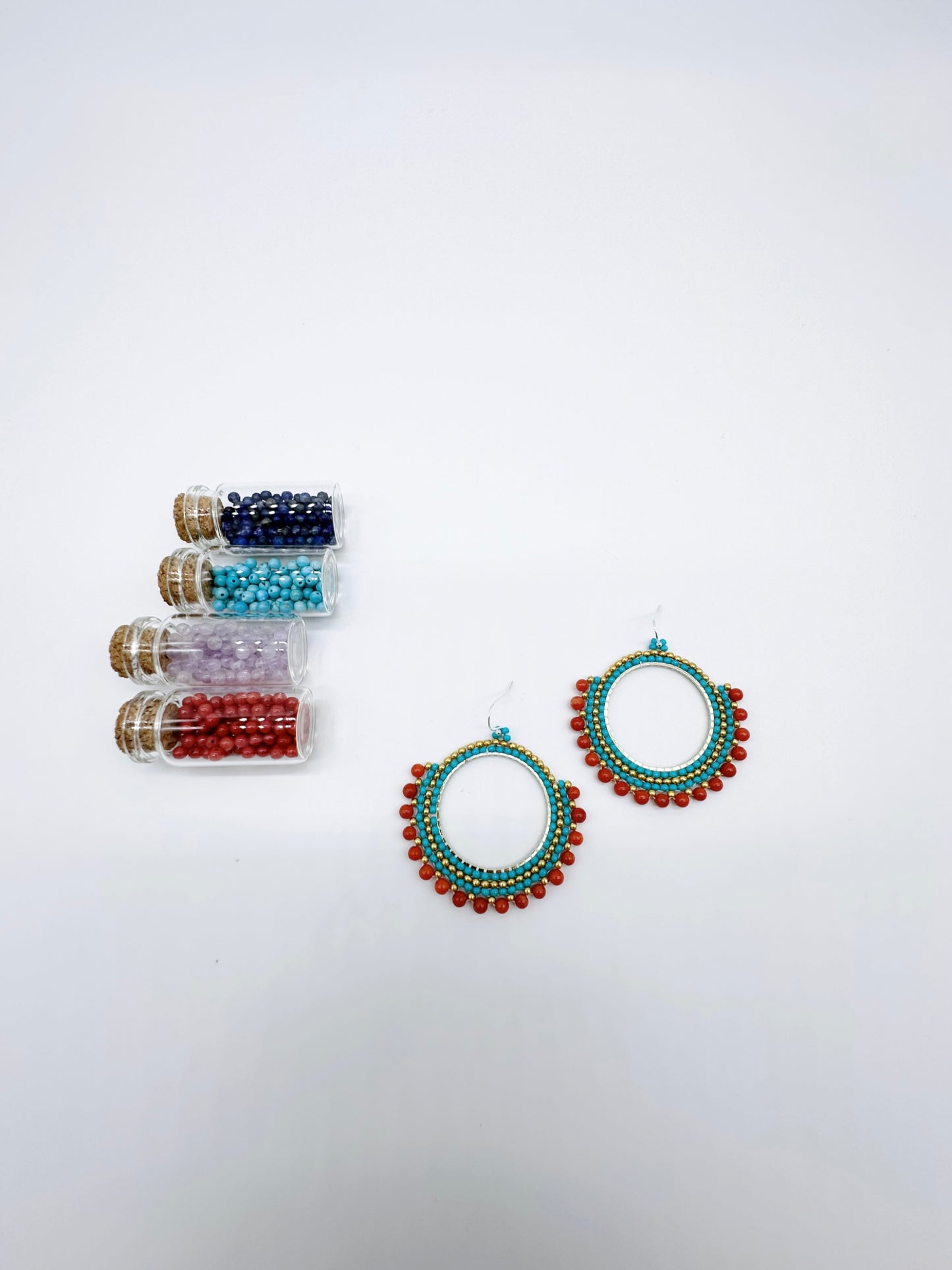 Handmade Earrings with seed beads and 2mm red coral gemstone with 925 sterling silver hook