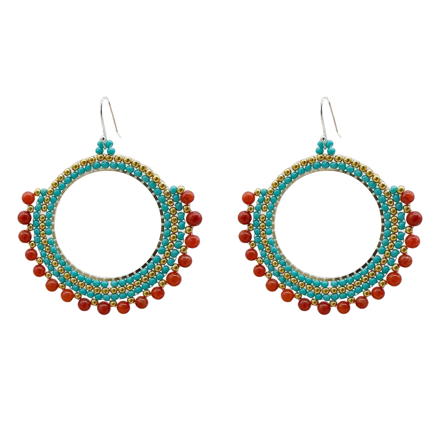 Handmade Earrings with seed beads and 2mm red coral gemstone with 925 sterling silver hook