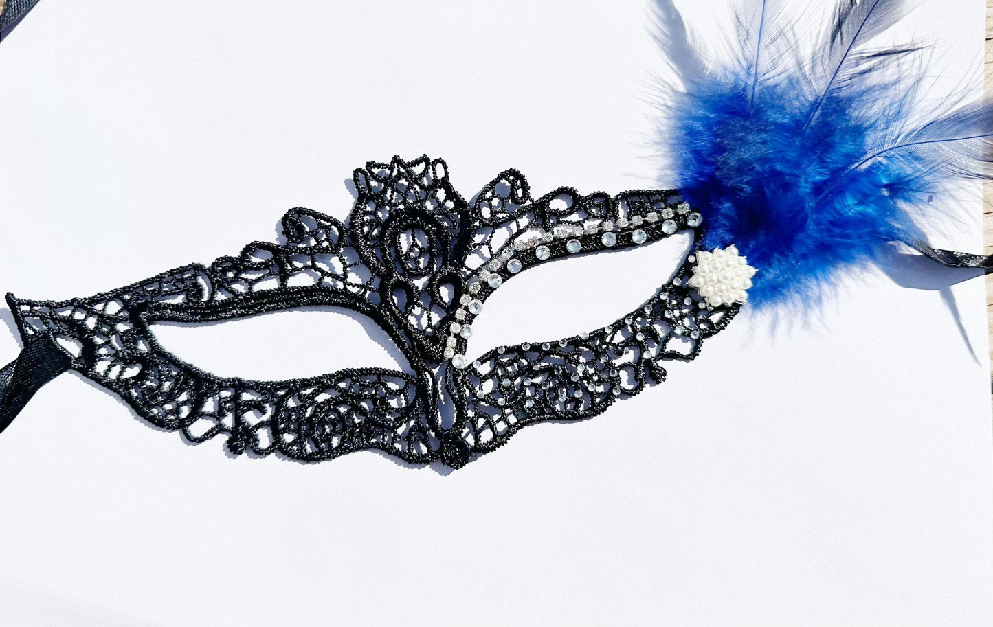 Black soft Lace Mask, Embroidery Mask, Black Mask, Party Mask, Wedding Mask, Halloween Mask, with clear rhinestone and blue feather