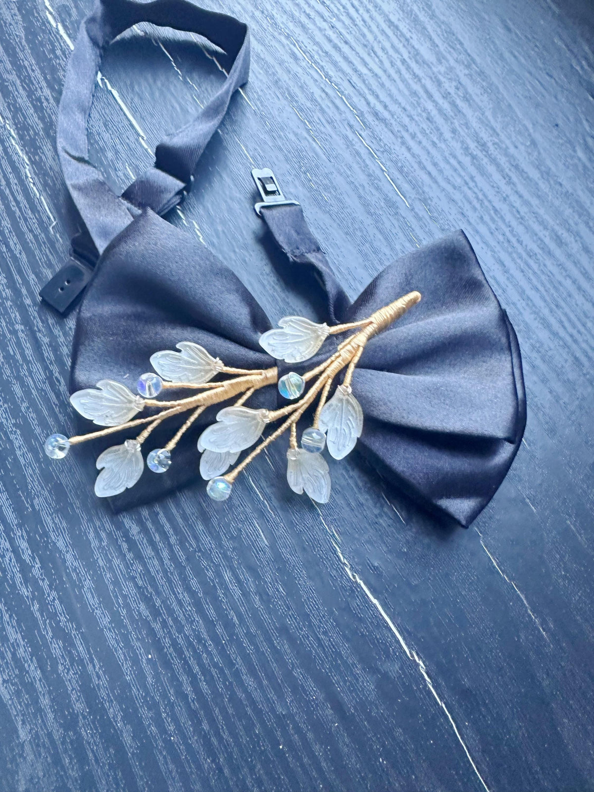 Handmade Bow Tie for women Men,Boys – Black Satin Bow Tie with light yellow leaf Branch – Asian Inspired Wedding Formal Accessory