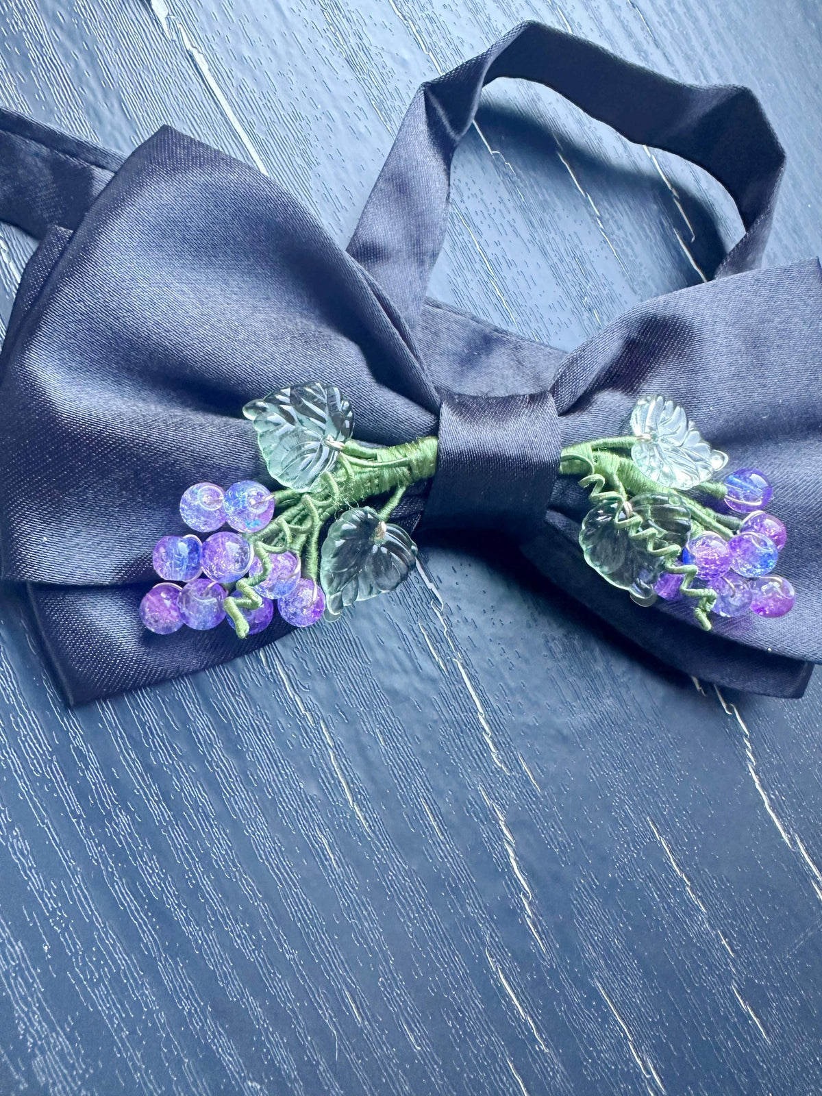 Handmade Bow Tie for women Men,Boys – Black Satin Bow Tie with Purple grape Branch – Asian Inspired Wedding Formal Accessory